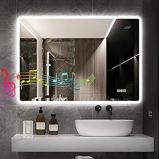 24"x32" LED-Bathroom-Mirror-with-Lights, Wall-Mounted with Bluetooth Speaker, Anti-Fog, 3 Color Temperature, Dimmable Brightness, IP65 Waterproof, Tempered Glass, Frontlit & Backlit