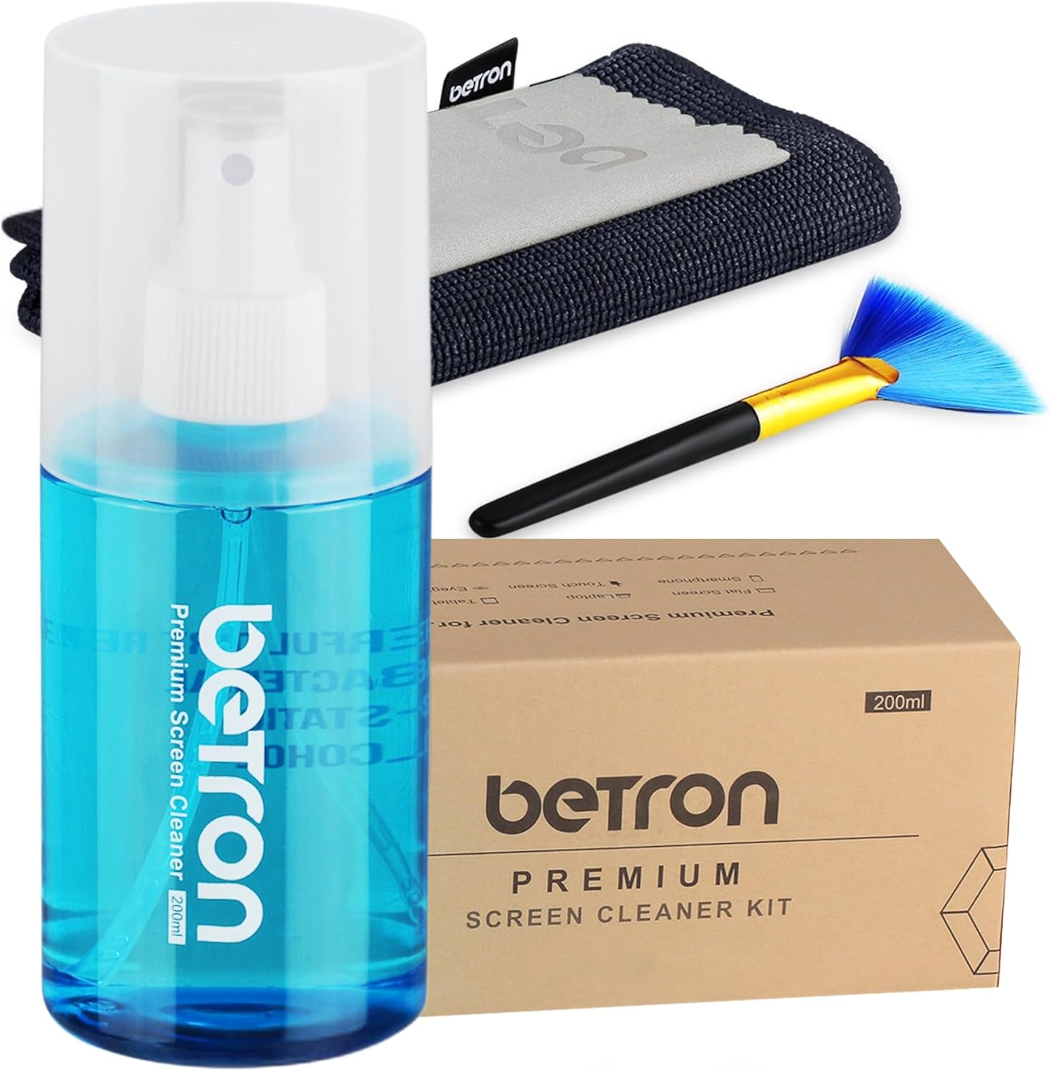 Betron Screen Cleaner Spray for LCD LED OLED TV, Smartphone, iPad, Laptop, Touchscreen, Computer Monitor, Cleaning Kit with Microfiber Wipes and Brush 200ml