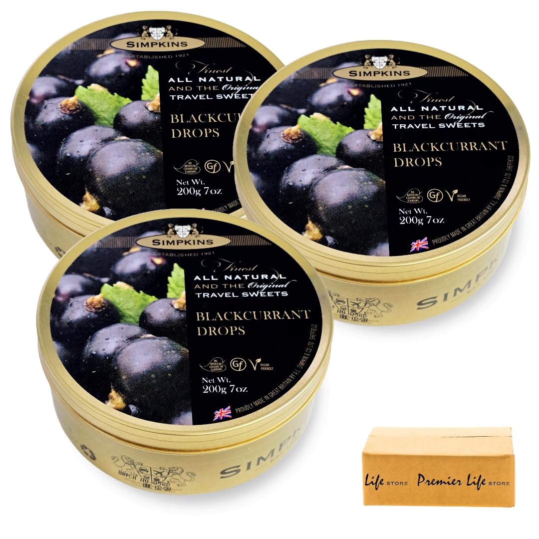 Simpkins All Natural Blackcurrant Drops Sweets, Traditional Travel Sweets, 200g, 3 Pack, Vegan, Gluten-Free, In Premier Life Store Box