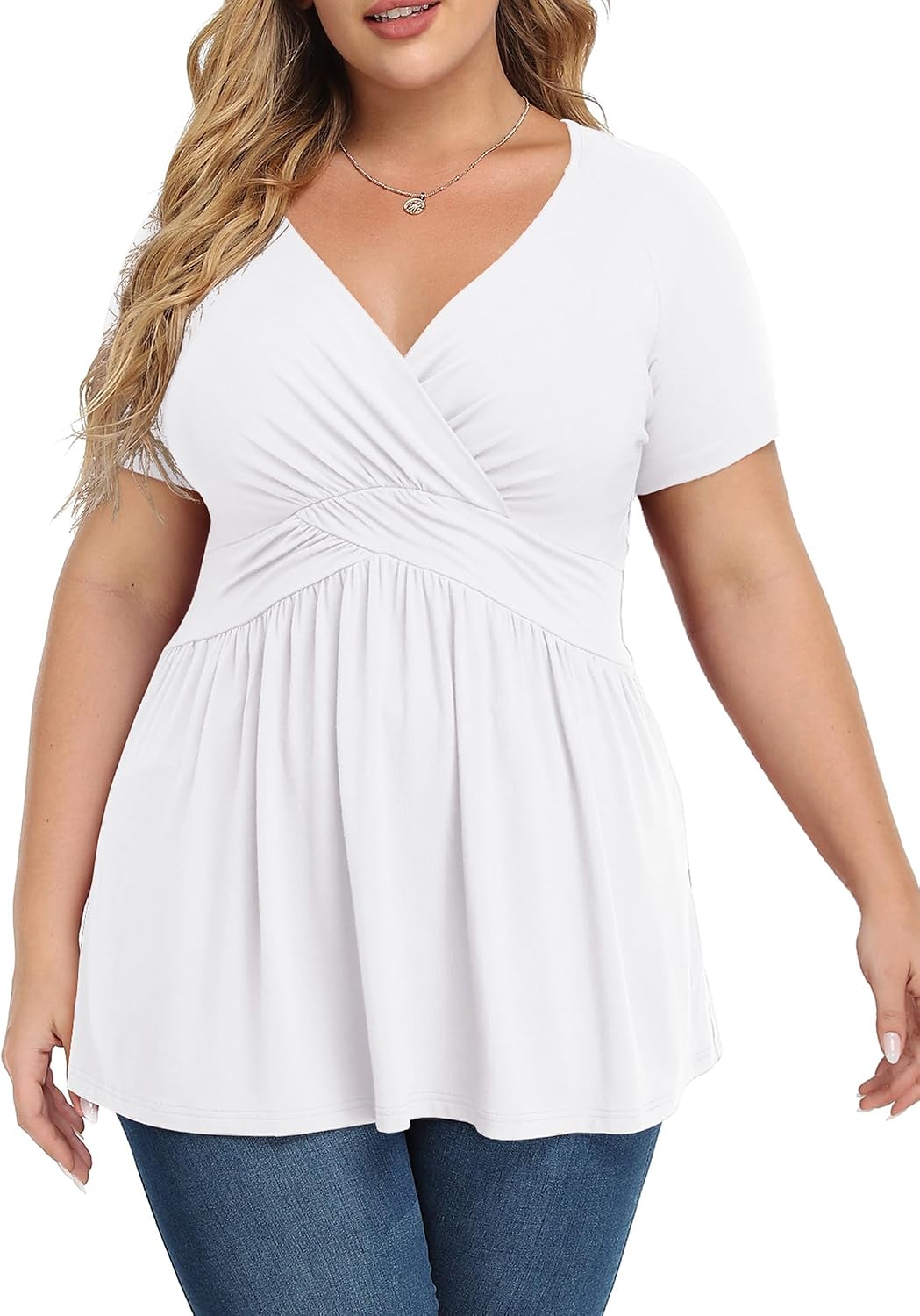 Women's Plus Size Short Sleeve Tops V Neck Casual Cute Tunic Top