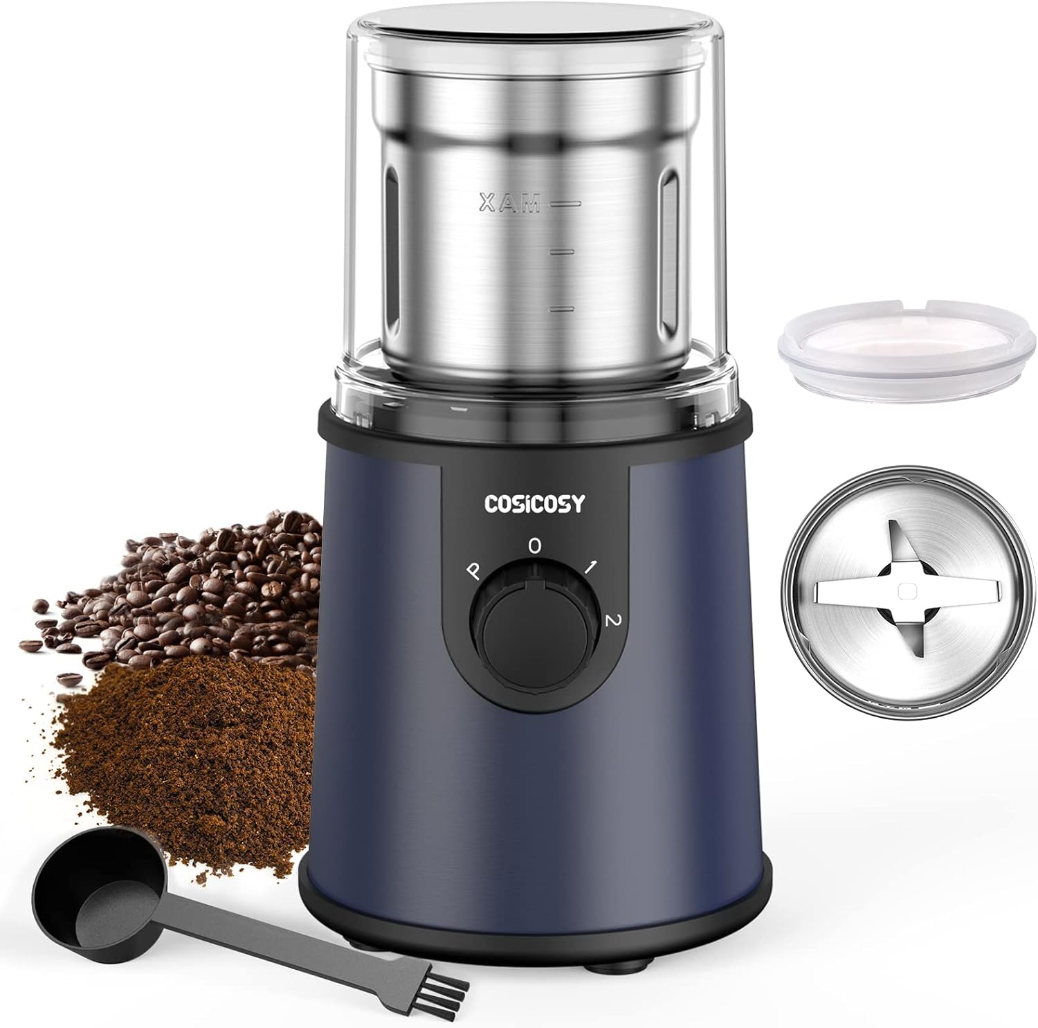 Coffee Grinder Electric, COSICOSY Electric Spice Grinder with 304 Stainless Steel Blades Removable Bowls,350W Motor Coffee Bean Machine with Spoon Brush for Coffee Beans, Nuts, Pepper, Navy Blue