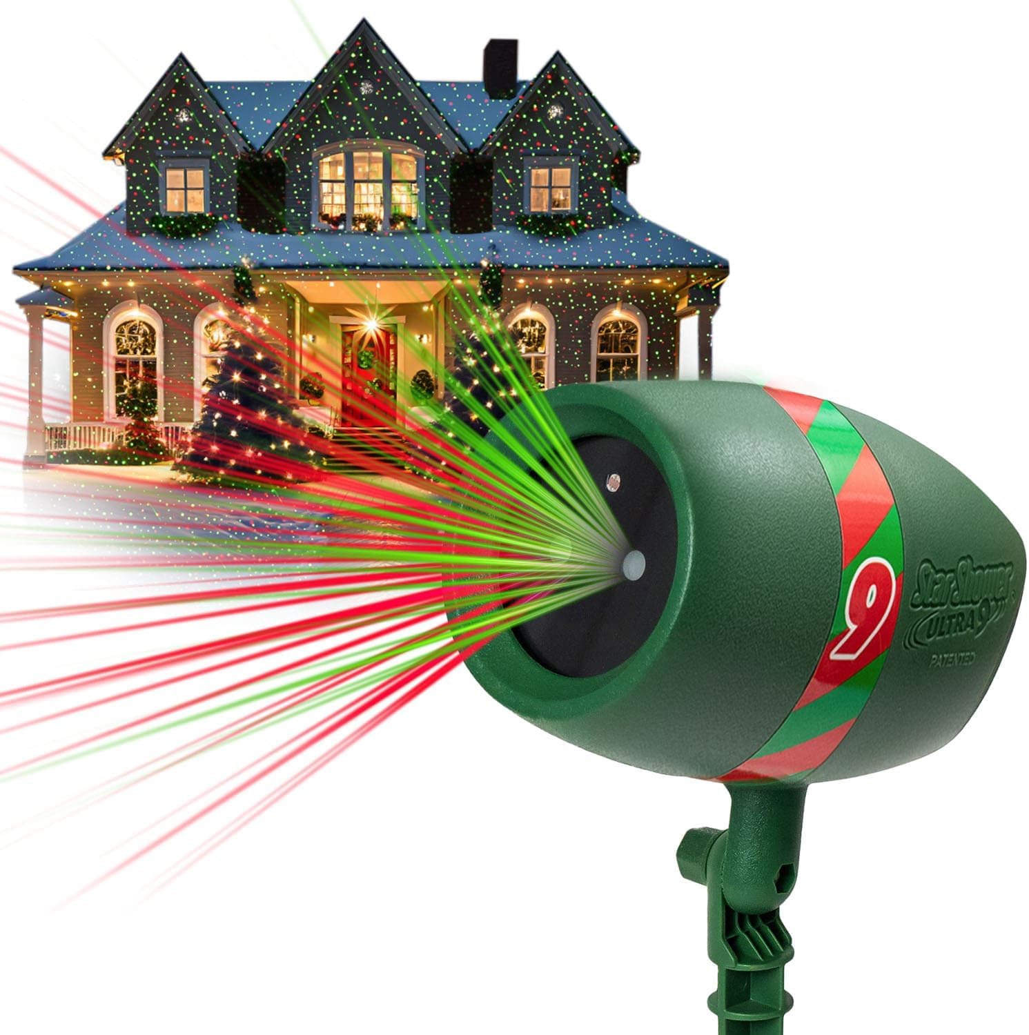 Star Shower Ultra 9 Outdoor Laser Light Show, AS SEEN ON TV, New 9 Unique Patterns, Showers Home w/Thousands of Lights, 3 Color Combinations, Motion or Still, Up to 3200 Sq Ft, Holiday Projector