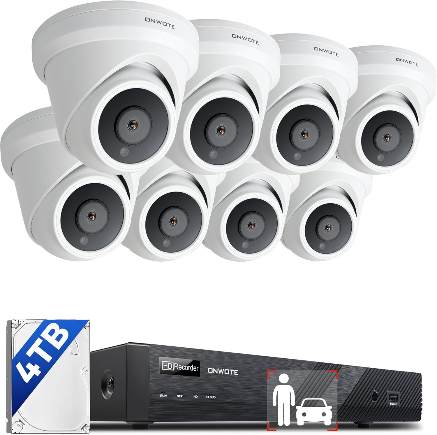 ONWOTE NVR PoE Security Camera System 4K, 16 Channel 6K 12MP Commercial NVR 4TB, 8X 8MP 134° Wired Outdoor IP Cameras with Audio, AI Detection, 8X Cables (Total 480ft), CCTV Kits for Home Businesses