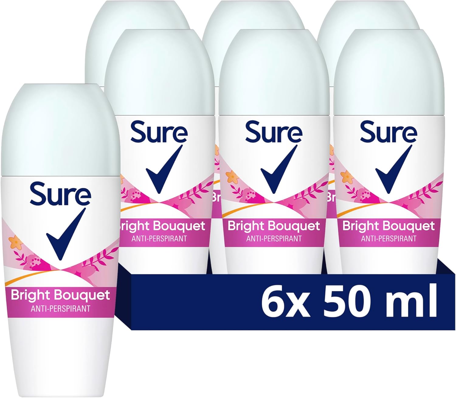 Sure Bright Bouquet Anti-Perspirant Roll On Women's Deodorant with a strawberry, apricot & vanilla fragrance for 48 hour sweat and odour protection 6x 50 ml