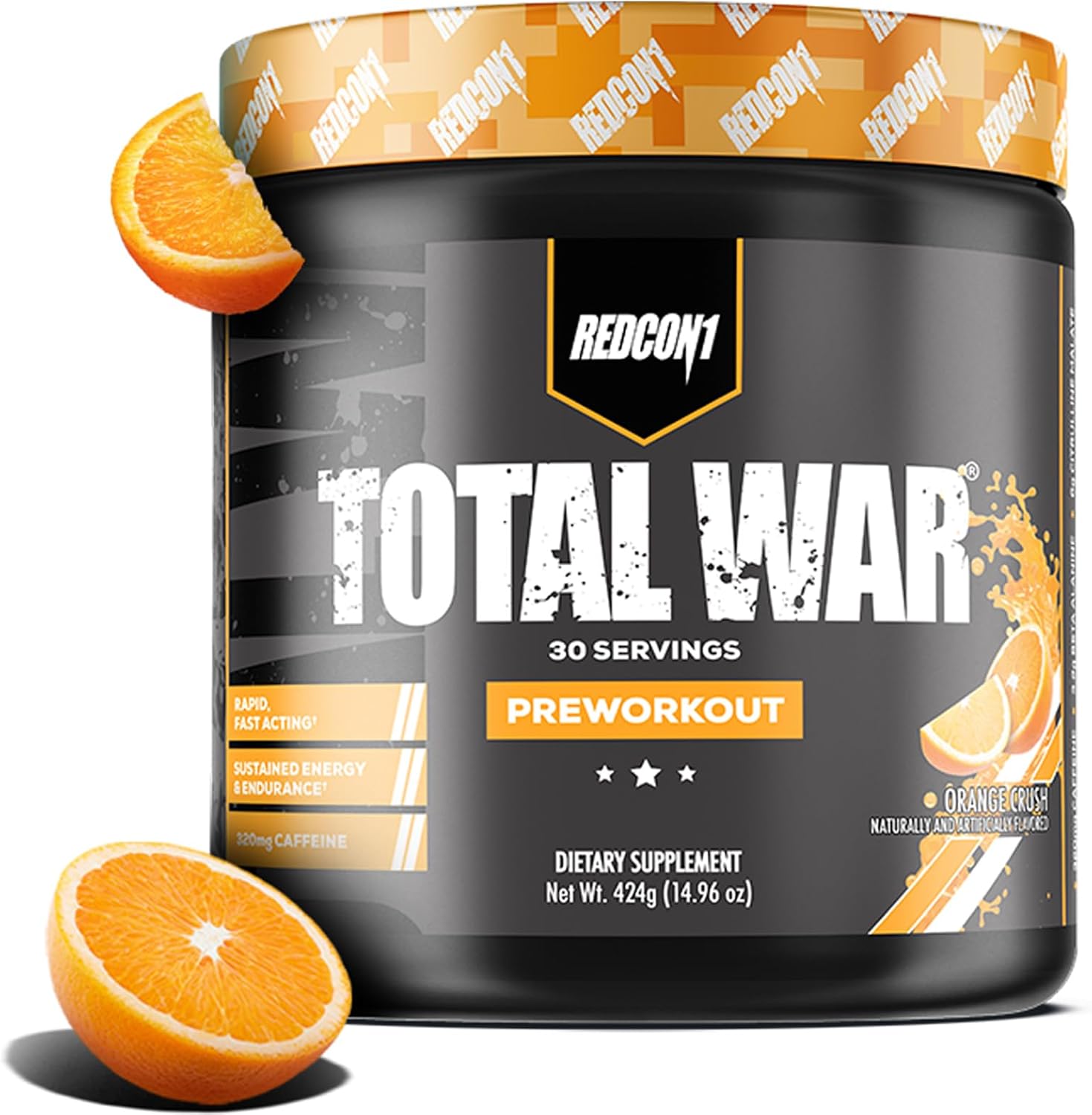 REDCON1 Total War Preworkout, Orange Crush - Contains 320mg of Caffeine from Green Tea, Juniper & Beta Alanine - Pre Work Out with Amino Acids to Increase Pump, Energy + Endurance (30 Servings)