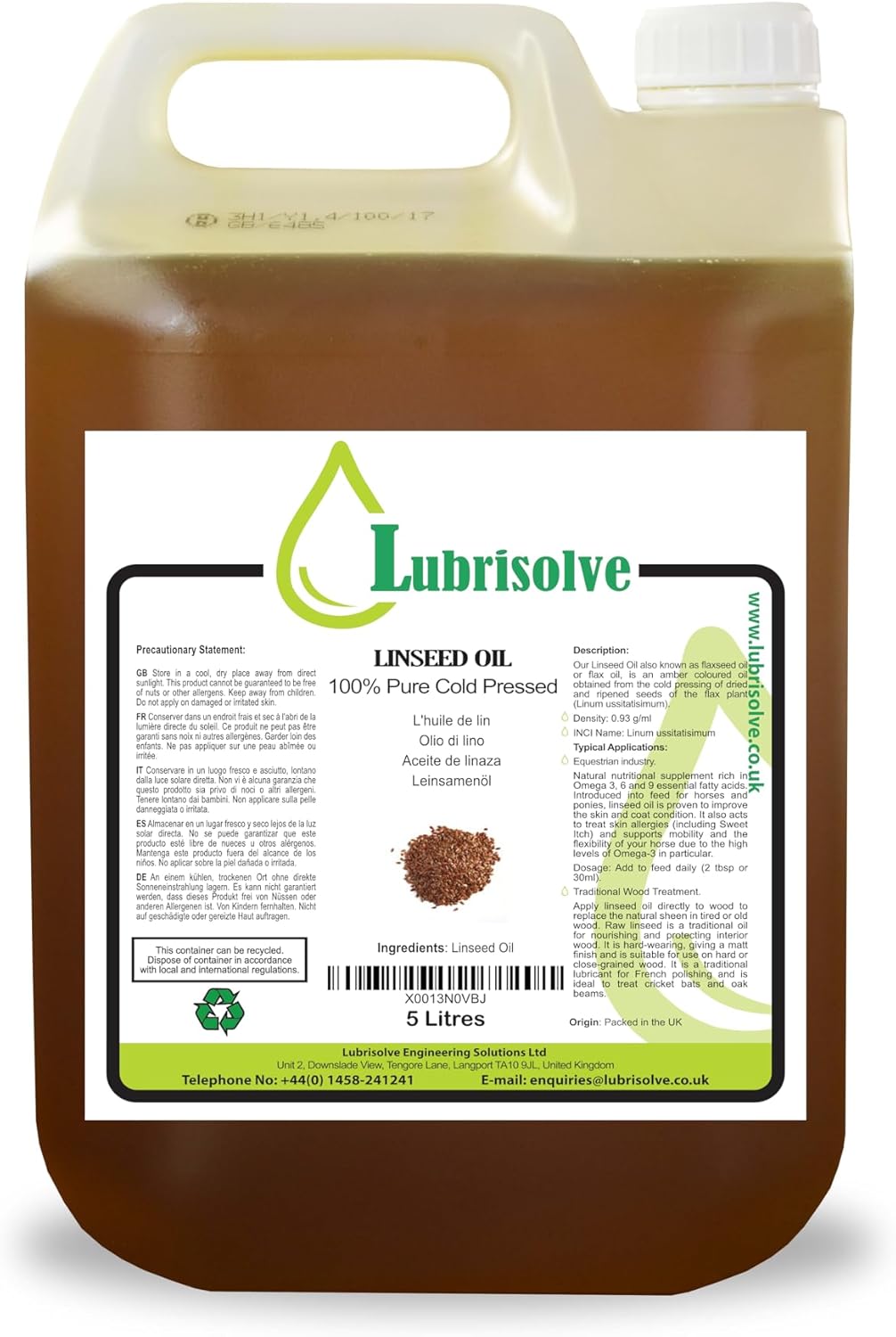Lubrisolve 100% Pure Cold-Pressed Linseed Oil – Natural Wood Treatment & Horse Feed Supplement – 5 Litres – Premium Quality, Chemical-Free