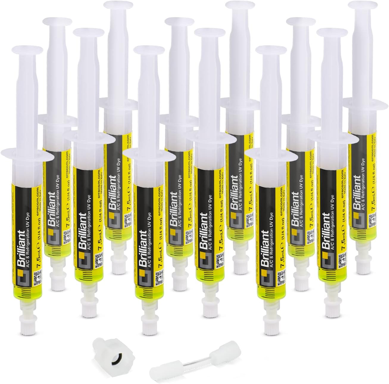 Errecom Brilliant - 12 x 7.5 ml, Fluorescent UV Dye for Detecting Refrigerant Gas Leaks in Air Conditioning and Refrigeration Systems, Includes 1/4 SAE Adapter