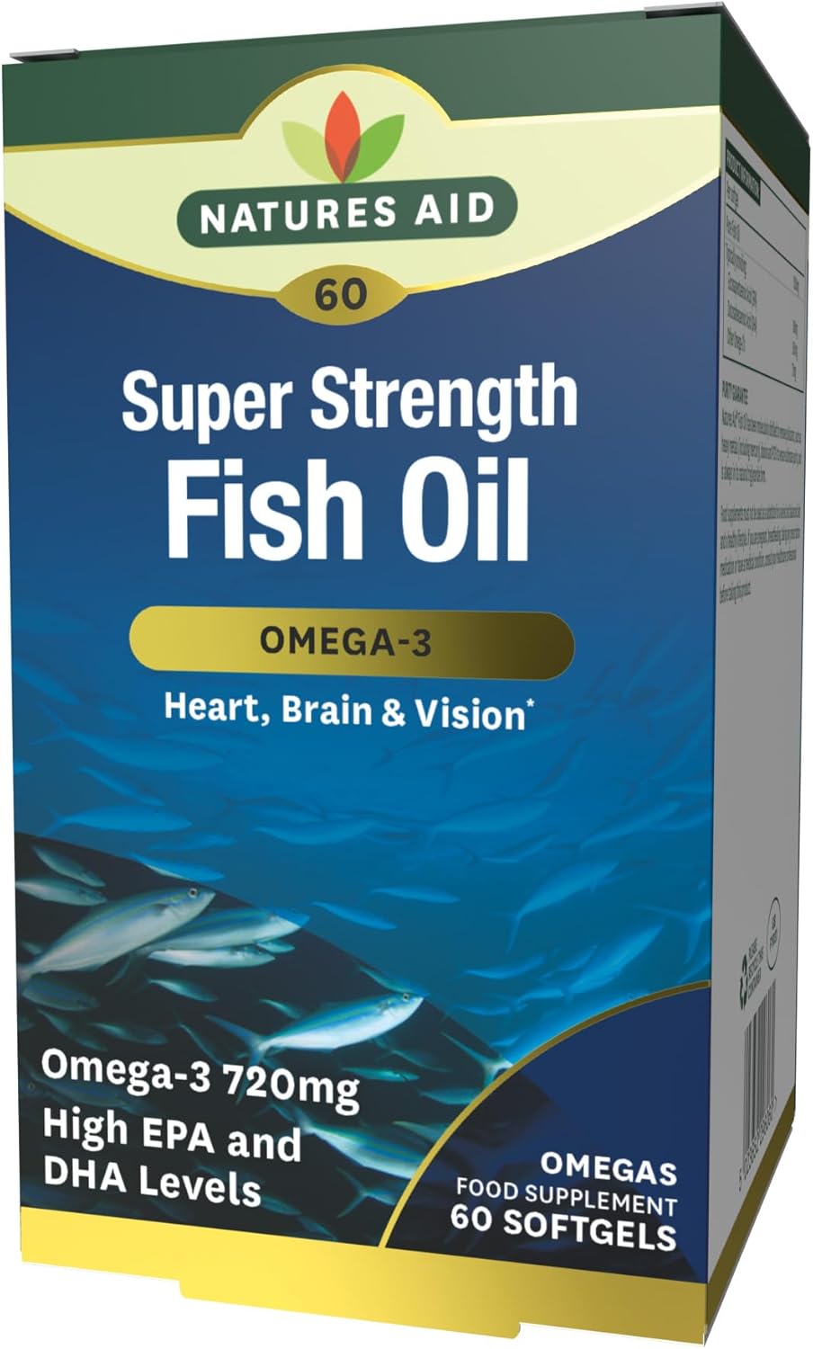 Natures Aid Super Strength Fish Oil 1200mg – High Strength Omega-3 with 388mg EPA & 260mg DHA – Supports Heart, Brain & Vision – Non-GMO – 60 Softgels – Natural Omega-3 Supplement Capsules