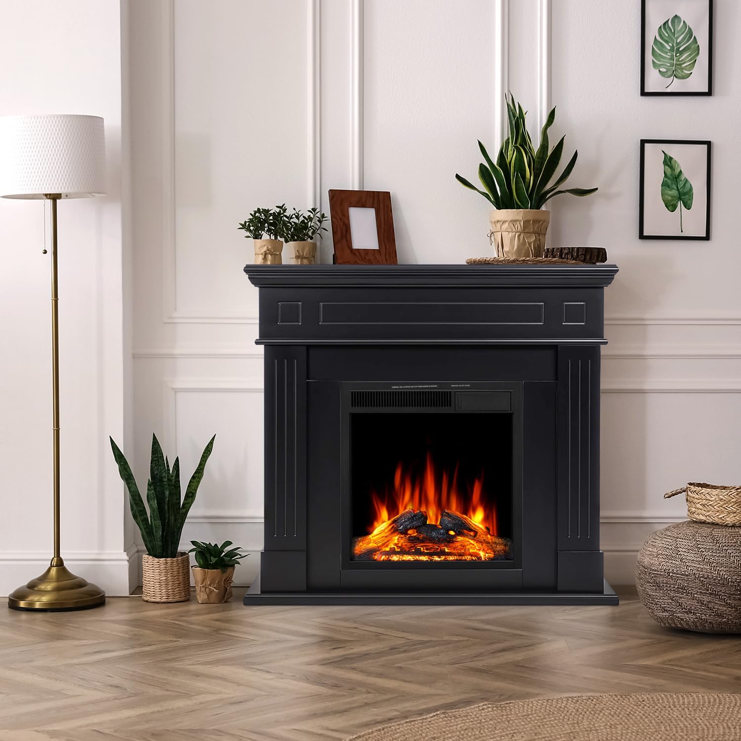 R.W.FLAME 43” Electric Fireplace Mantel Wooden Surround Firebox, TV Stand with Freestanding Electric Fireplace, Remote Control, Adjustable Led Flame, 750W/1500w Black