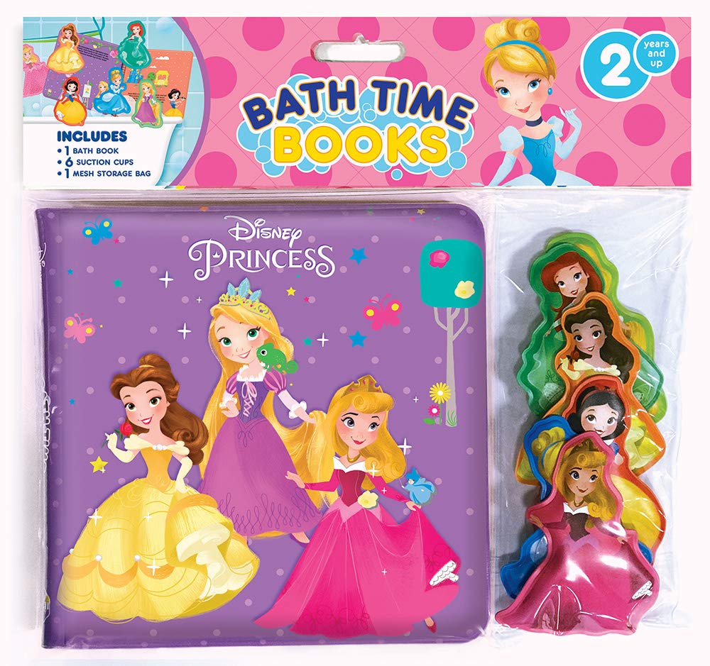 Disney Princess Bath Time Books - Activity Books for kids, Bath book, 6 Padded suction cups, 1 Mesh bag