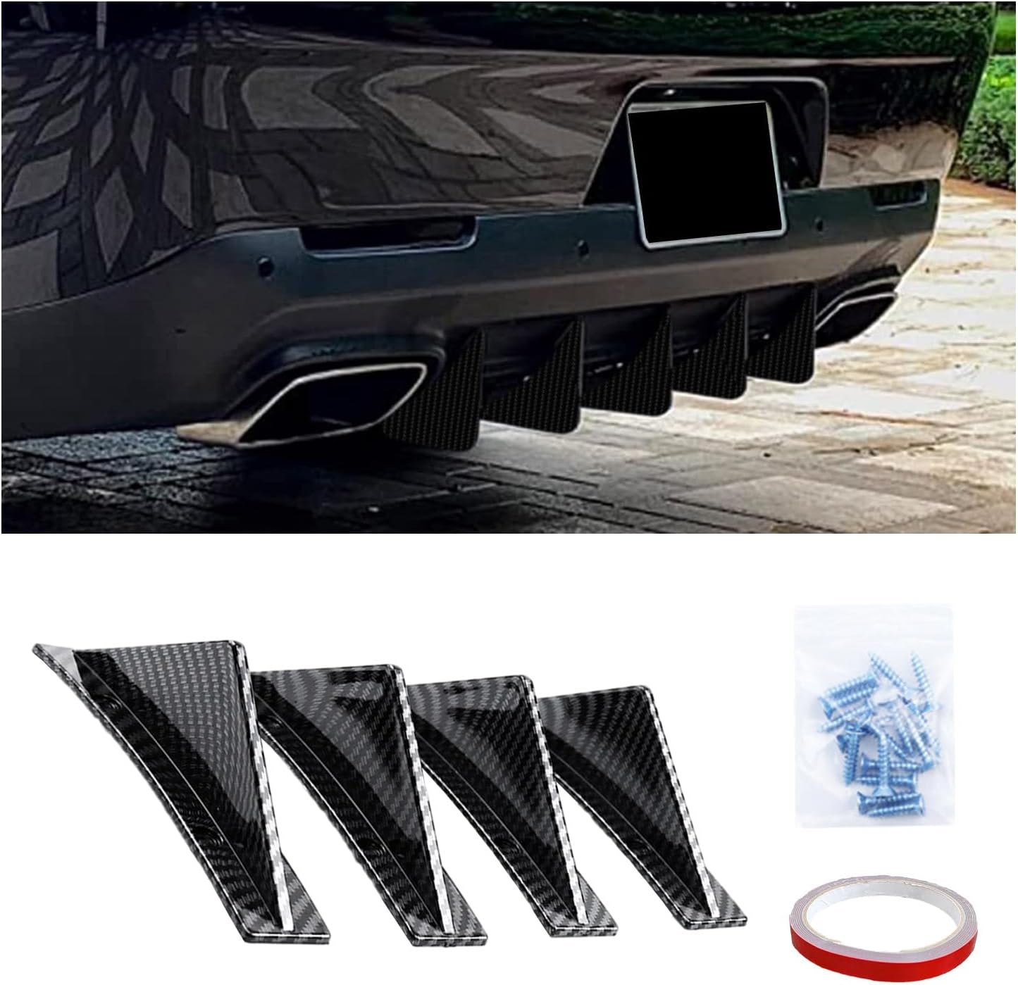 Augeny 4PCS Car Rear Lower Bumper Wing Lip Diffuser, Anti-Crash Curved Shape Auto Shark Fin Spoiler Protector with Screws, Universal Rear Bumper Lip Diffuser Kit for Car SUV (Curved/Carbon Fiber)