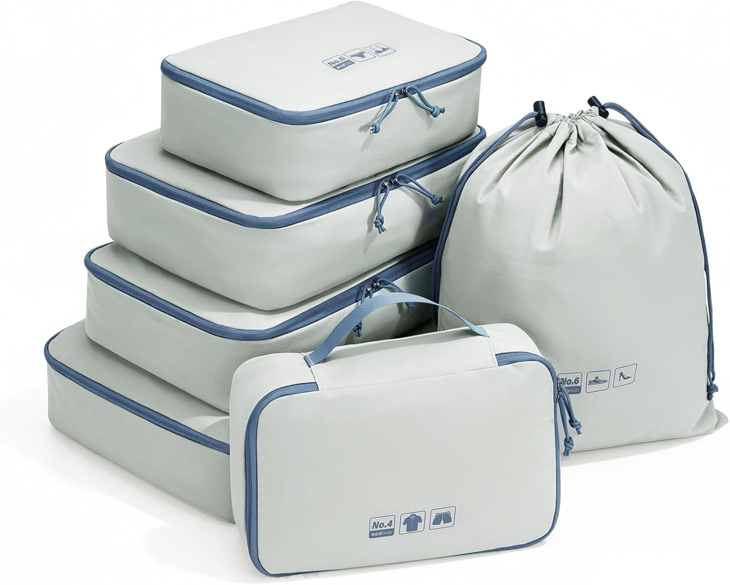 ECOHUB 6 Piece Packing Cubes for Suitcases, with Labels, Lightweight Travel Packing Cubes, Luggage Organiser Set, Water Resistant Recycled Fabric, Shoe Bag Included, Ice Mist Set