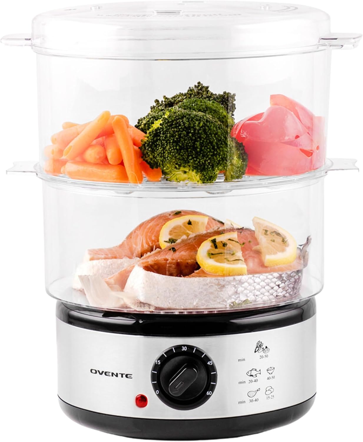 OVENTE 2 Tier Electric Food Steamer for Cooking Vegetables, Stainless Steel Base, Stackable and Dishwasher Safe Baskets, 400W with Auto Shutoff and 60-Minute Timer, 5 Quart Capacity, Silver FS62S