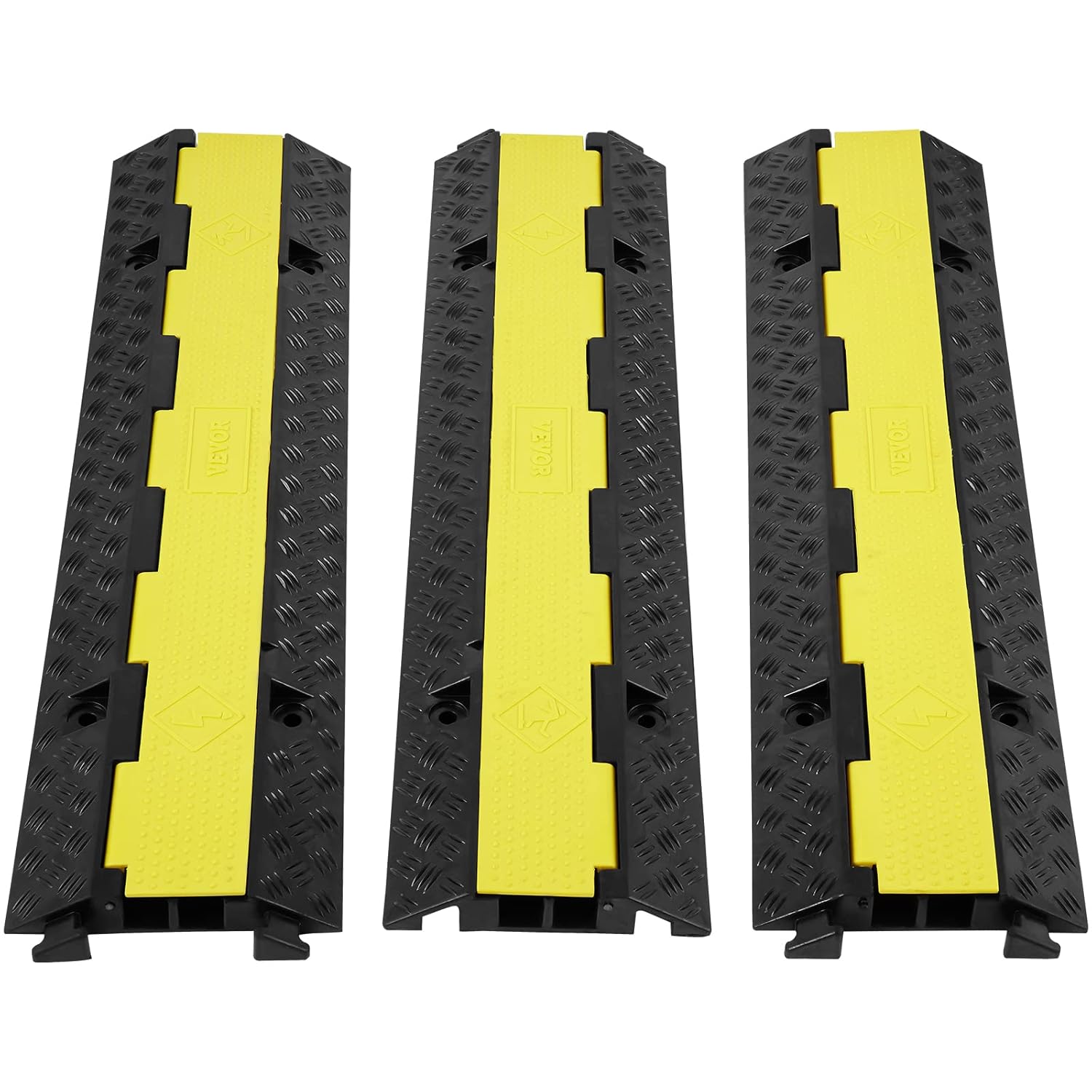 VEVOR 3 Pack Rubber Cable Protector Ramp, 2 Channel, 12000 lbs/axle Capacity Heavy Duty Hose Wire Cover Ramp Driveway, Traffic Speed Bump w/Flip-Open Top Cover&50 ft Warning Tape, for Indoor&Outdoor
