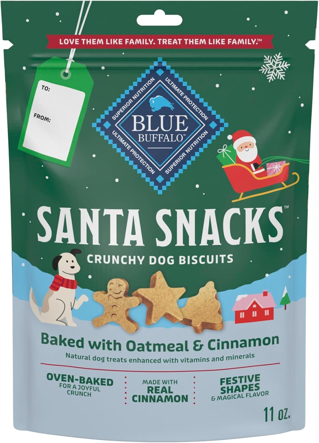 Blue Buffalo Santa Snacks Crunchy Dog Biscuits, Oven-Baked With Natural Ingredients, Oatmeal & Cinnamon, 11-oz Bag