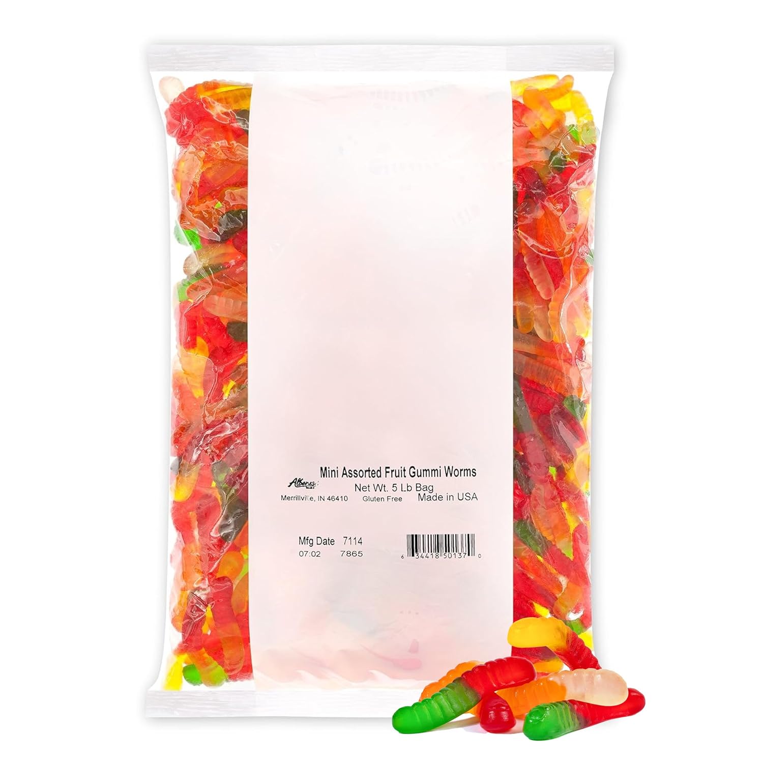 Albanese Candy Mini Assorted Fruit Gummi Worms Gummi Candy, Assorted Flavors: Cherry, Green Apple, Pineapple, Lemon, Orange; Gluten Free Dairy Free Fat Free, 5 Pound (Pack of 1)