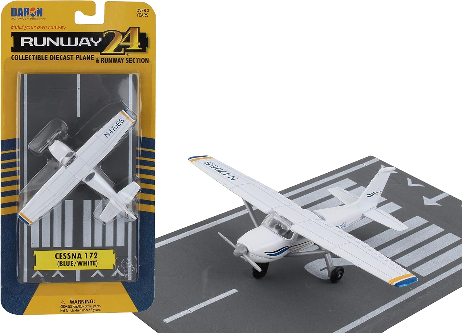 Daron Runway24 Cessna 172 2000 Skyhawk Blue/White 1:87 Scale Diecast Airplane Model with Runway