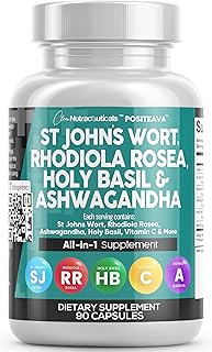 Clean Nutraceuticals St Johns Wort 10000mg Rhodiola Rosea 20000mg Holy Basil 3000mg Ashwagandha 6000mg - Mood Support for Women and Men with Vitamin C & Black Pepper Extract - 90 Caps