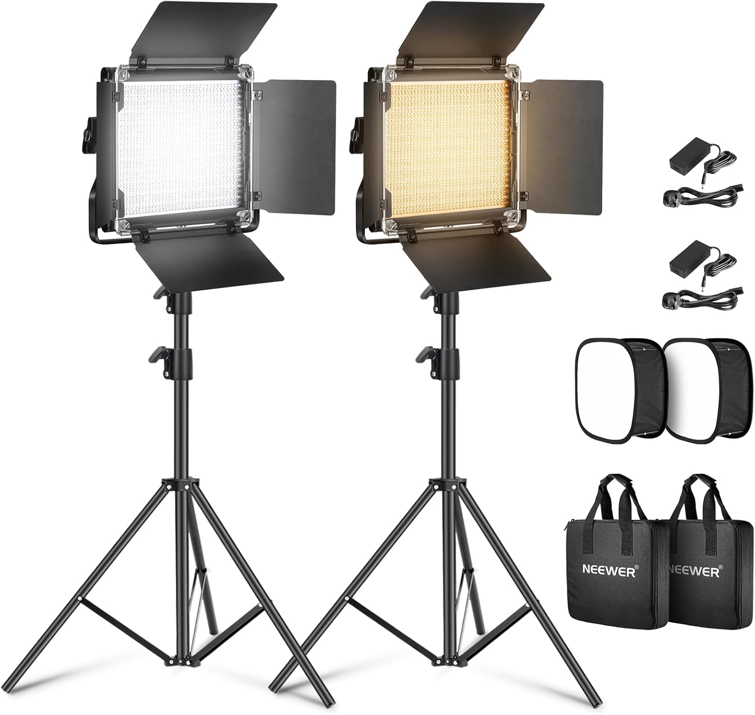 NEEWER 2 Pack Bi-color 660 LED Video Light Kit:(2)3200-5600K CRI96+ Light with U Bracket/Barndoor,(2)Softbox Diffuser,(2)75 inches Tripod Stand, Key Lighting for Studio Photography Recording Streaming