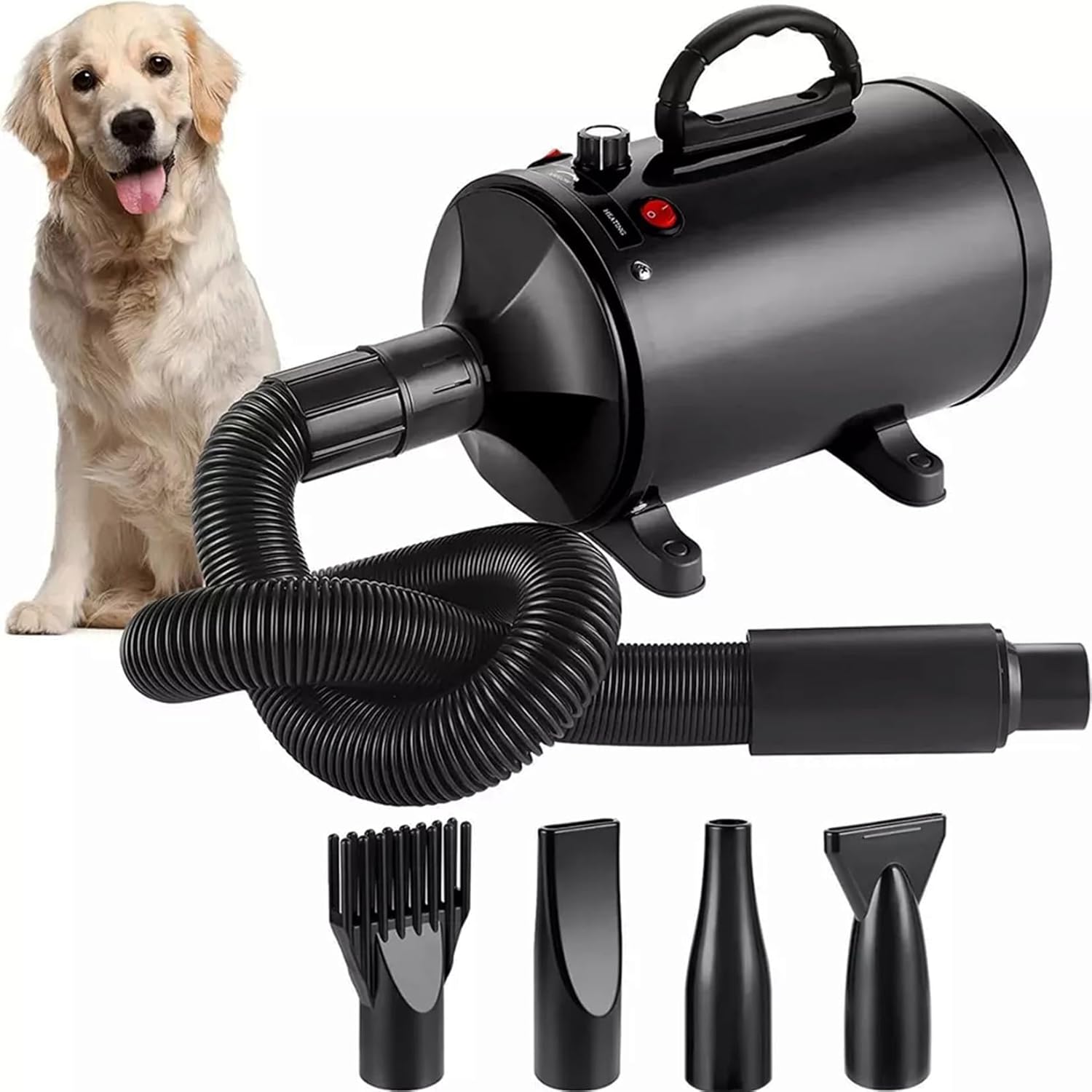 Dog Hair Dryer, 2800W Pet Grooming Hair Dryer, Stepless Speed Dog Blaster Dryer, High Velocity Dog Dryer Pet Dryer Blower with 4 Different Nozzles, Low Noise Hair Dryer for Dogs Cats (Black)