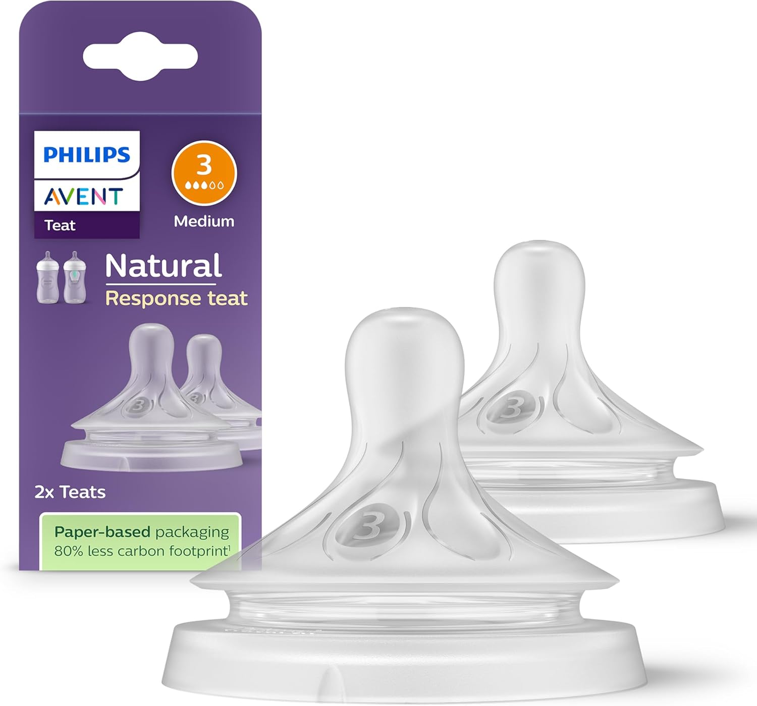 Philips Avent Natural Response Bottle Teat - 2 x Baby Bottle Flow 3 Teats for Newborn Babies, 1+ Months, BPA Free (Model SCY963/02)