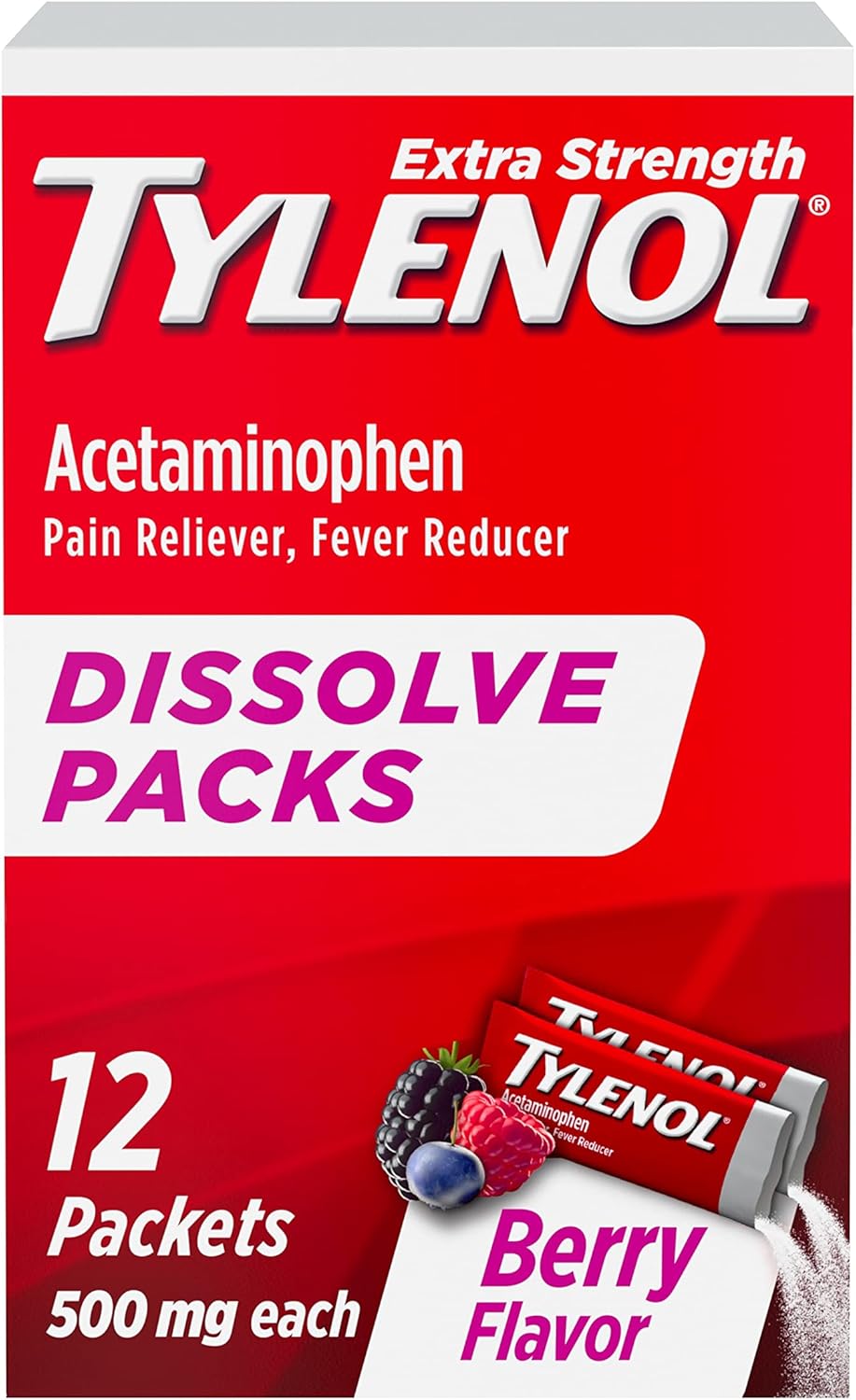Tylenol Extra Strength Dissolve Packs, 500 mg Acetaminophen Pain Reliever & Fever Reducer, On-The-Go Powder Packets for Minor Aches & Pains, Ibuprofen- & Aspirin-Free, Berry Flavor, 12 ct
