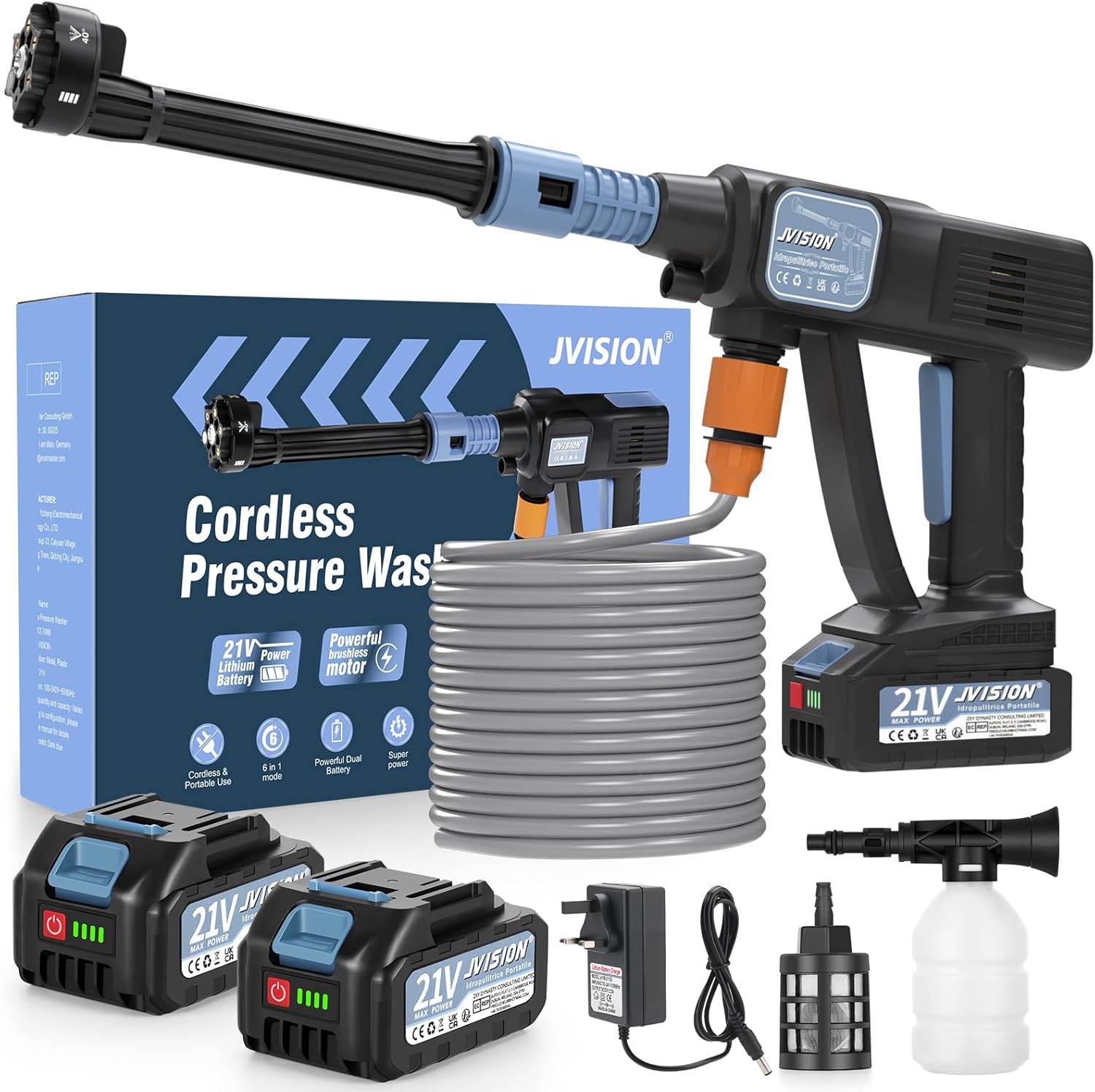 Cordless Pressure Washer, Portable Power Washer for Patio & Car, 6 in 1 Battery-Operated System with 5M Hose, Jet Wash Tool with Dual Batteries, High-Pressure Cordless Jet Cleaner