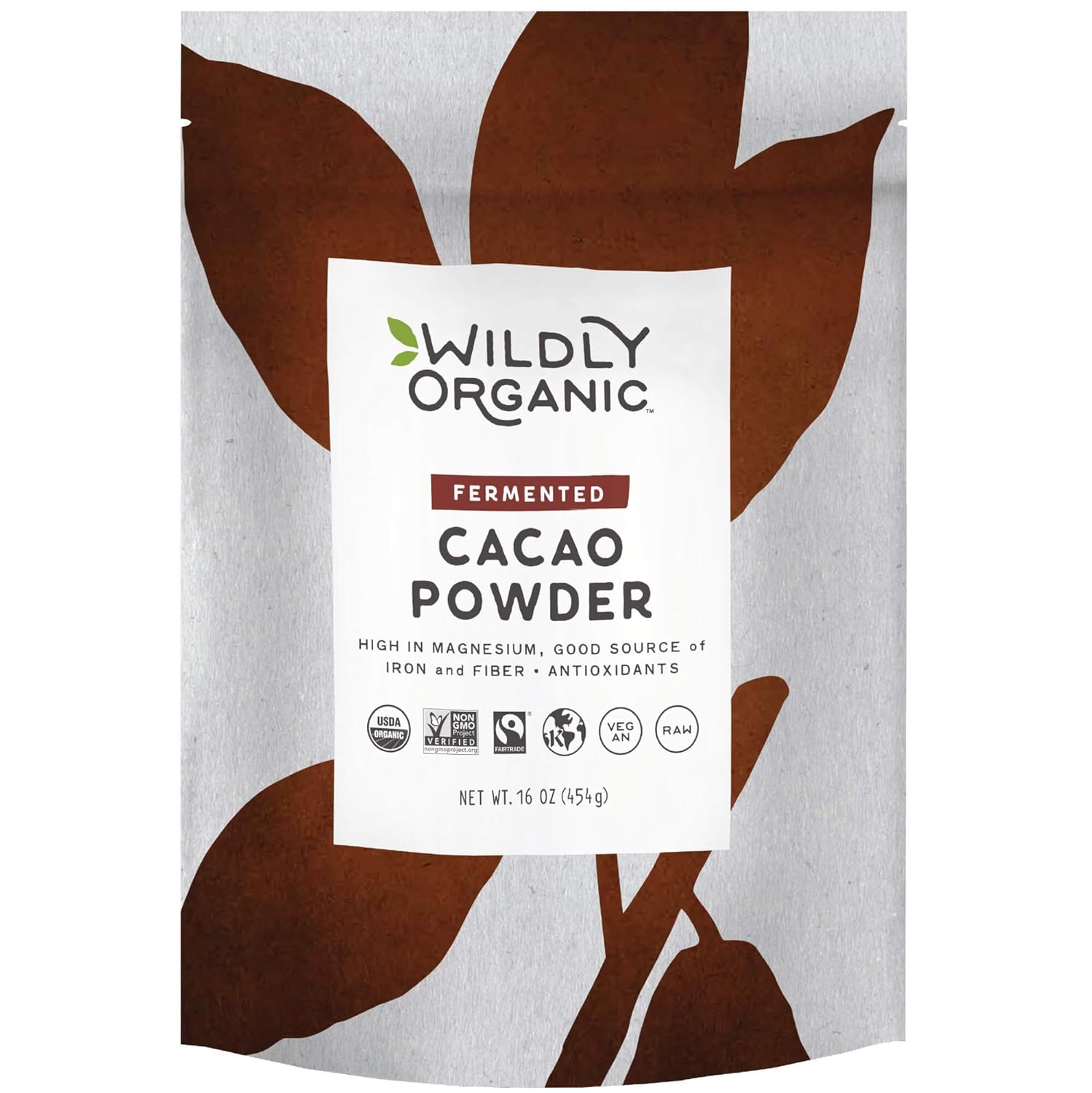 Wildly Organic Fermented Cacao Powder 16 Oz, 1 lb Bag - Organic, Non-Alkalized, Minimally Processed, High in Antioxidants, Raw, Fair Trade, Non-GMO, Kosher, Vegan, Premium Rich Chocolate Flavor | Perfect for Skin, Hair, Smoothies, Yogurt, Oatmeal, Baking, & Hot Cocoa