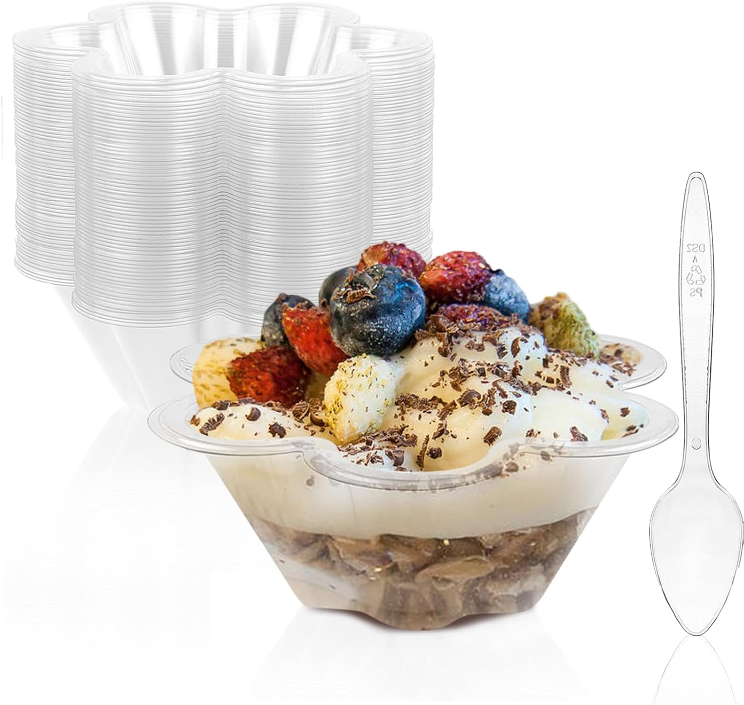 TOFLEN 8 oz Dessert Cups with Spoons, 50 Pack Clear Plastic Small Party Serving Bowls for Sundae, Parfait, Fruit, Strawberry Shortcake, Disposable Snack Bowls (Flower Shape)