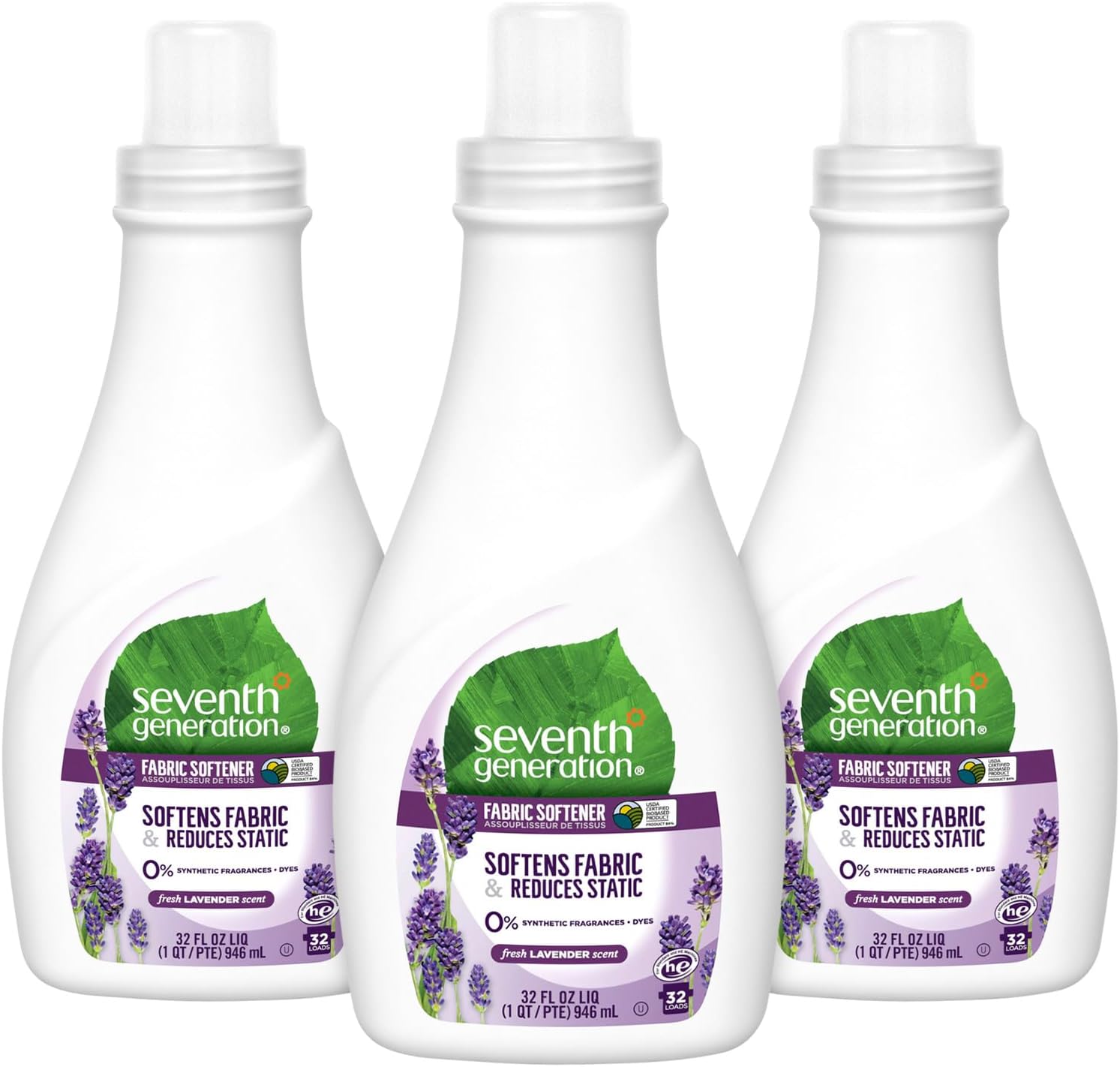 Seventh Generation Liquid Fabric Softener, Lavender, 3-Pack (96 Loads) – Plant-Based Softening Agent, Anti-Static, Biodegradable, Septic Safe, 32 Oz Ea