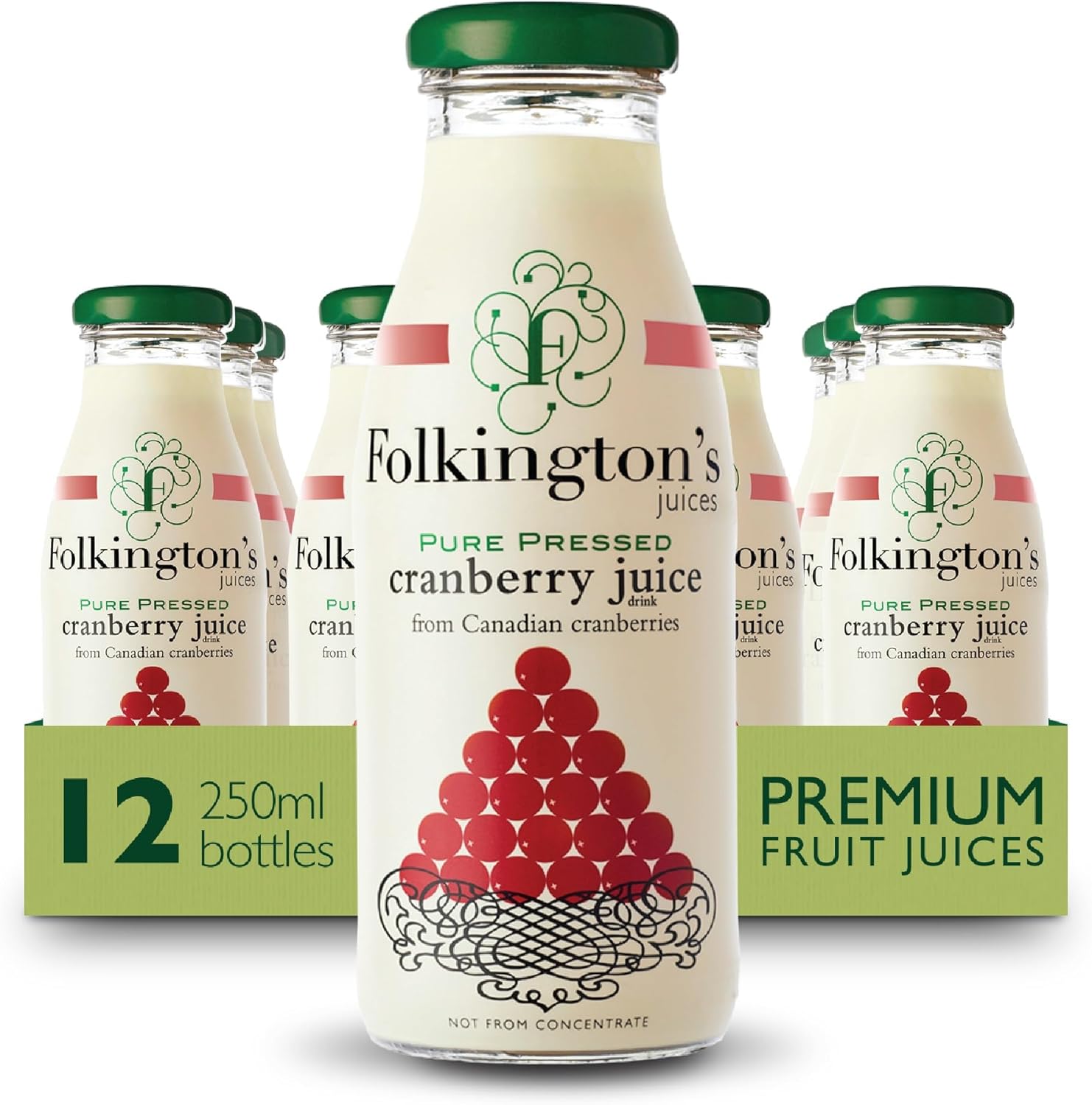 Folkington's Fruit Juice, Cranberry Juice, 12 Glass Bottles, Pure Fruit Juice, Multipack 12 x 250 ml