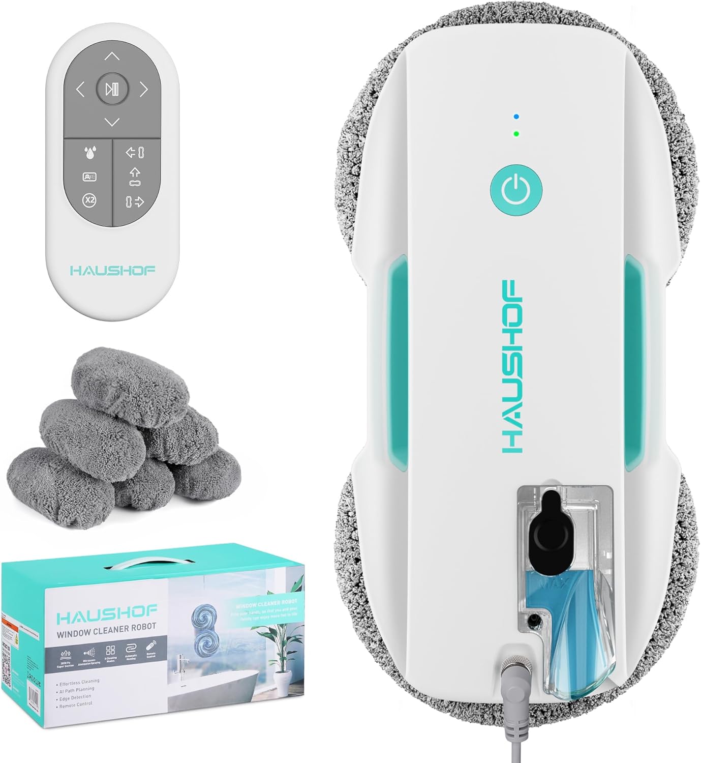 HAUSHOF Robot Window Cleaner with 3800Pa Suction, Auto Water Spray, AI Path Planning & Edge Detection, Remote Control for High-Rise Window, Glass Door