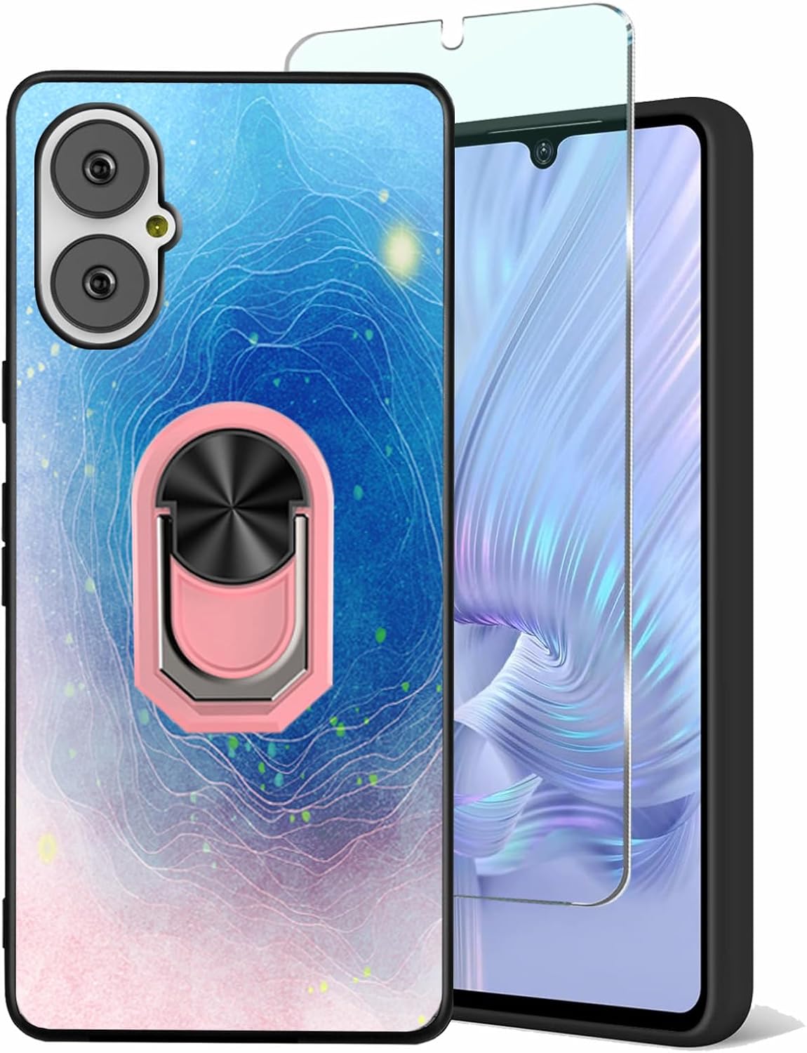 for Nuu Mobile A15 Case Tempered Glass Screen Protector+360° Rotatable Ring Holder Kickstand, [Blue-Pink Gradient Starry Sky Art Design] Slim Fit TPU NUU A15 Phone Cover | Magnetic Car Holder
