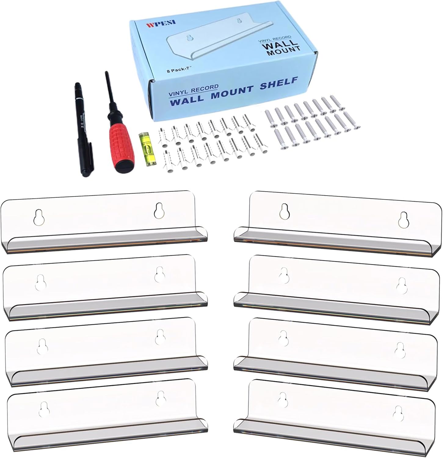 Vinyl Record Shelf Wall Mount 8Pack,7 Inch Acrylic Record Shelf,Record Wall Display, Vinyl Record Holder CD Rack,8 Pack(Clear)