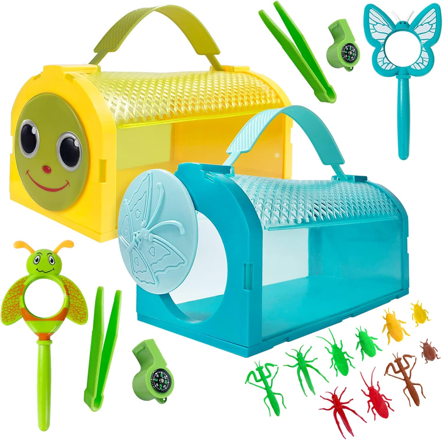 ESSENSON Bug Catcher Kit, Outdoor Toy Gift for 3 4 5 6 7 8+ Year Old Boys Girls Kids, 2 Pcs Bug Cage Butterfly, Outdoor Explorer Kit with Whistles for Backyard Exploration