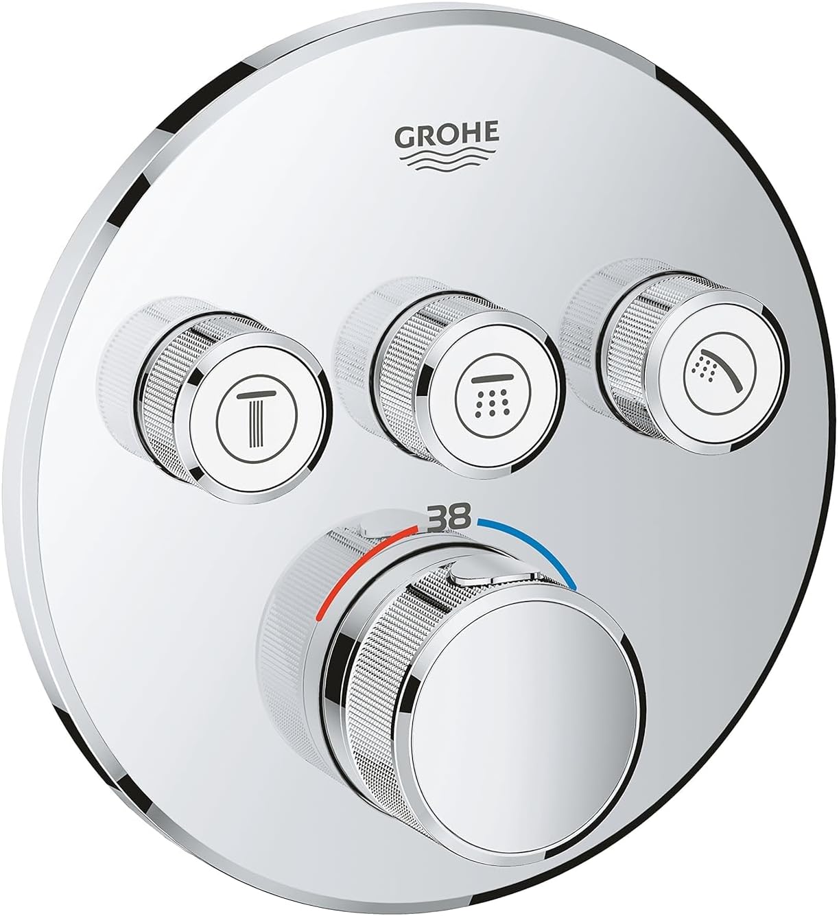 GROHE Grohtherm SmartControl - Water Saving Thermostat for Shower/Bath - Concealed Installation for GROHE Rapido SmartBox (35 600) - 3 Valves - Round Shape - Safety Button at 38°C - Chrome - 29121000