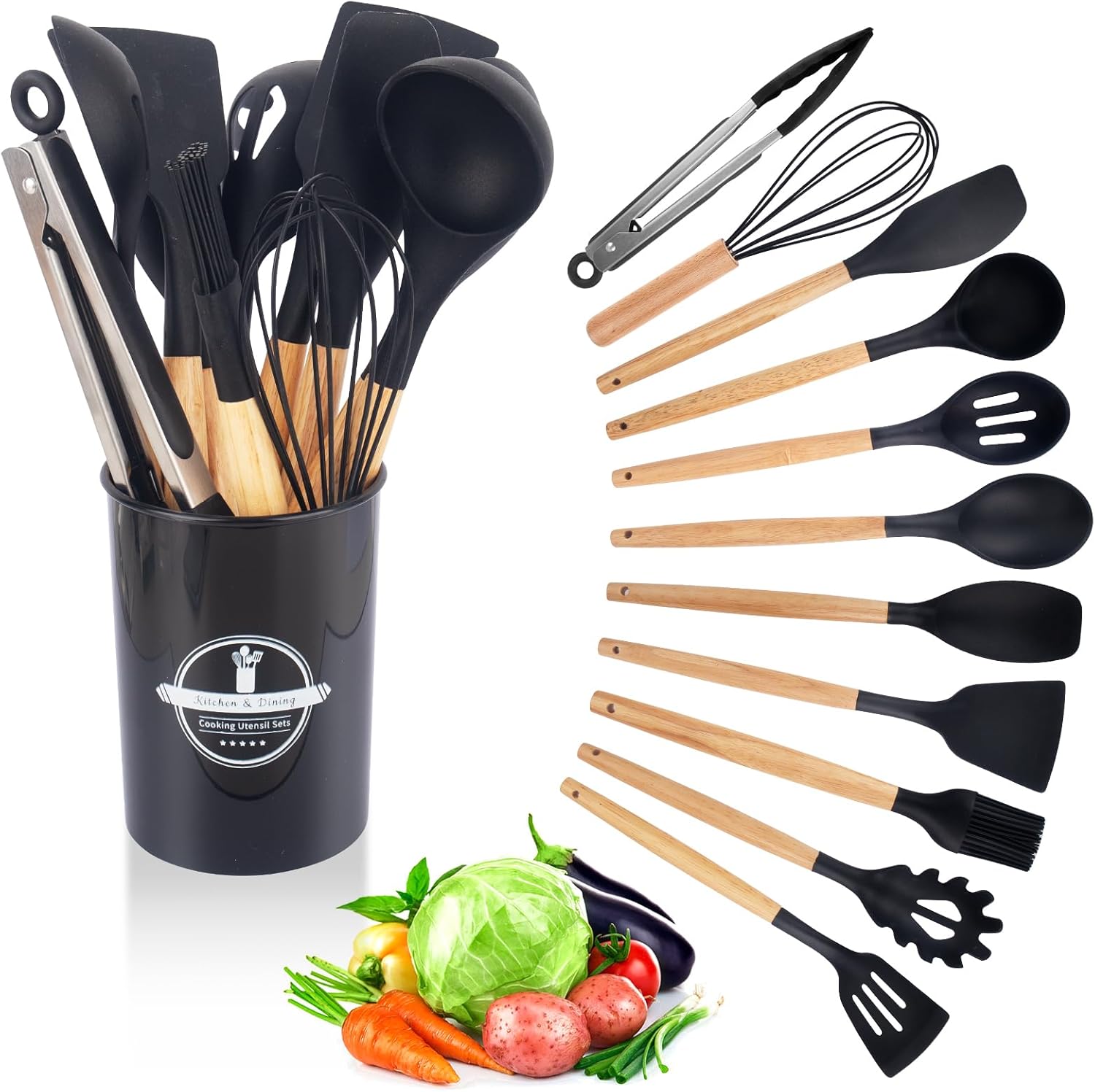 Kitchen Utensil Set 12 PCS Silicone Cooking Utensils Set with Wooden Handle Non-Stick Cooking Spoons Utensil Sets Silicone Kitchen Utensils Set Heat Resistant Kitchen Tools Heat Resistant Set (Black)
