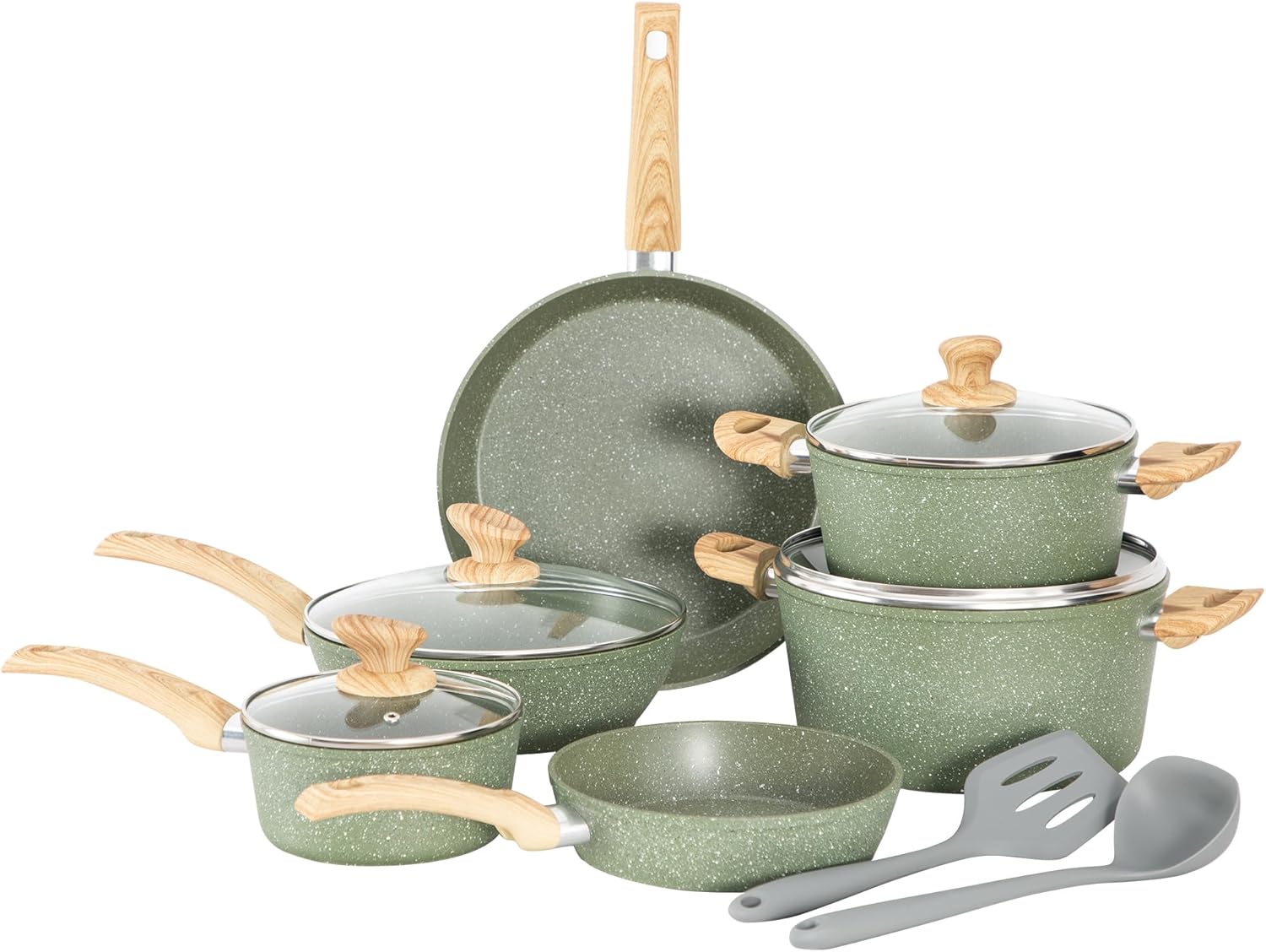 Kitchen Academy 12 Pieces Nonstick Pots and Pans Set, Induction Cooking Pan Set, Non Stick Saucepan Set, Frying Pan Set (Green)