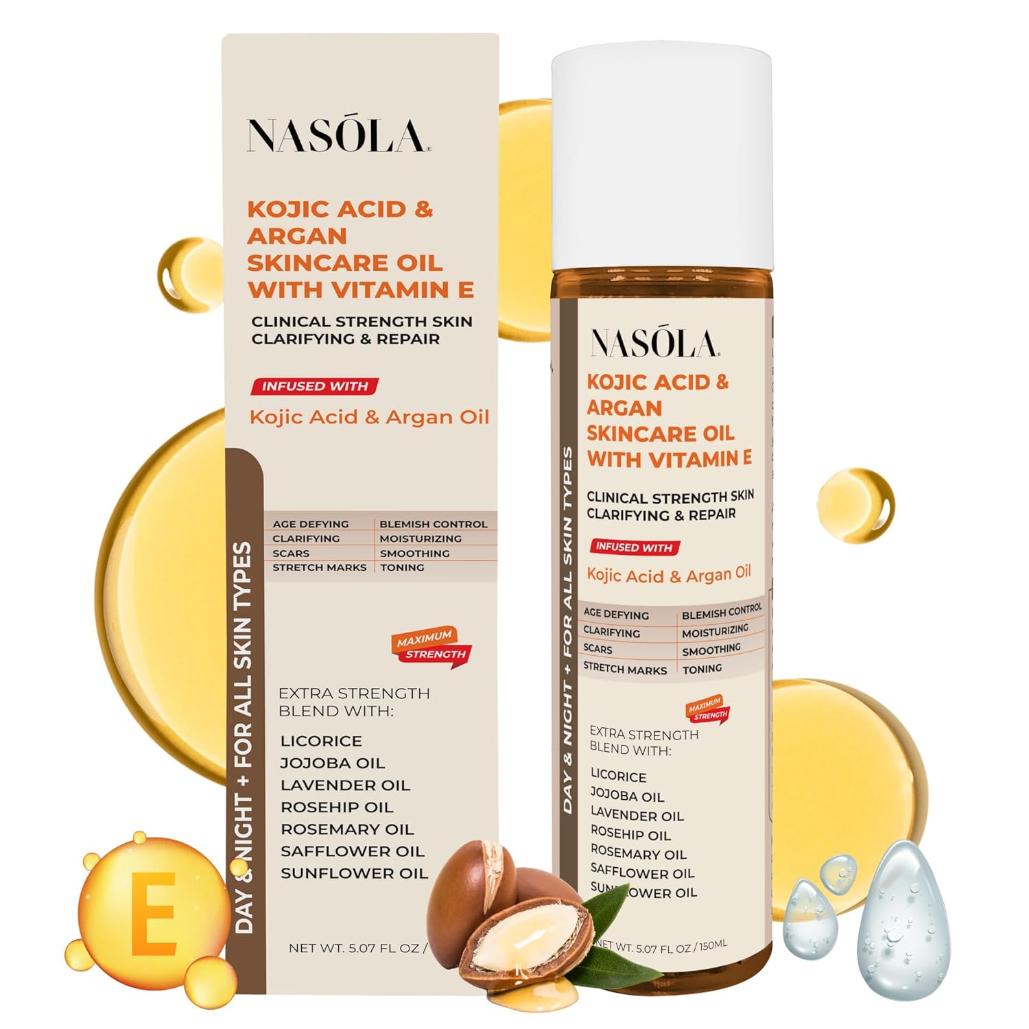 Nasola Kojic Acid Argan Skincare Bio Pure Oil with Vitamin E Face & Body Moisturizer Serum for Scars & Stretch Marks