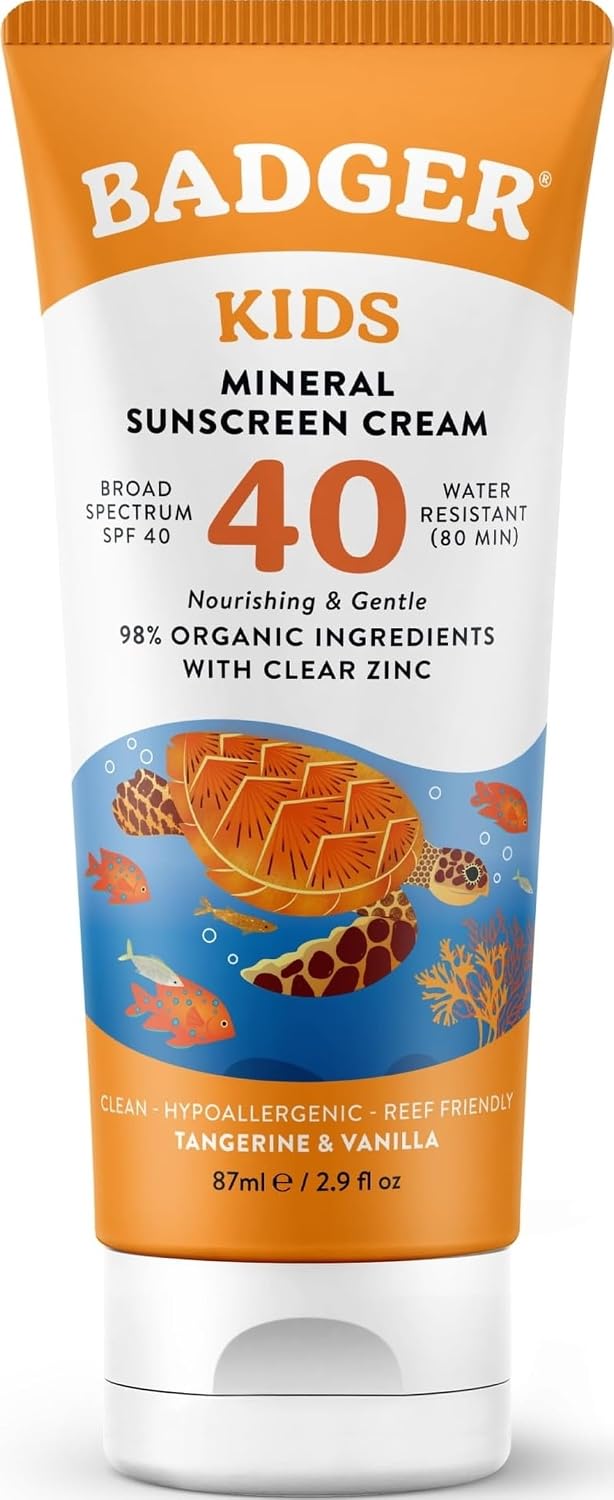 Badger Kids Mineral Sunscreen Cream SPF 40, Organic, Non-Toxic, 2.9 fl oz