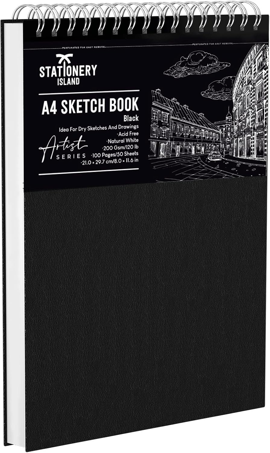 STATIONERY ISLAND Sketch Book A4 200GSM 100 Pages (50 Sheets) Sketch Pad Art Drawing Paper Spiral Bound Drawing Painting Sketchbook for Artists and Professionals