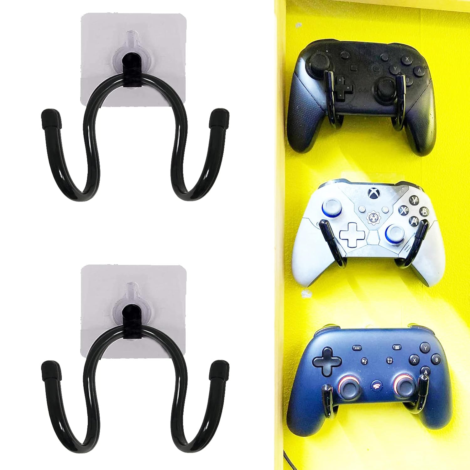 Universal Adhesive Game Controller Organizer Wall Mount and Clip for Xbox One PS4 Switch Pro - Headphone Holder - Easy to Install - 2 Pack
