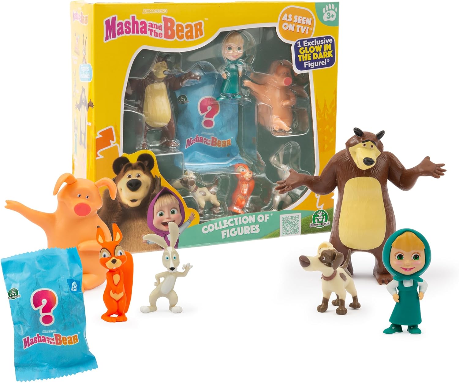 Giochi Preziosi Masha and the Bear – Set of 6 Characters from the Famous TV Series 5 to 7 cm Tall and 1 Exclusive Surprise Glow in the Dark for Children from 3 Years