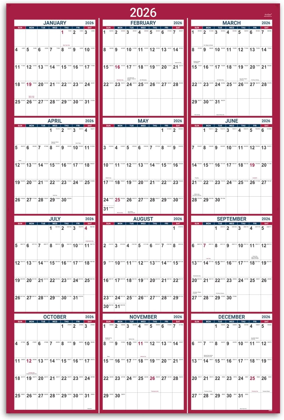 2026 Yearly Wall Calendar - 2026 Wall Calendar with Julian Date, Jan 2026 - Dec 2026, One Page for Organizing, Premium Thick Paper, Vertical, Gift Pocket, 34.8" x 22.8" (Open) - Red