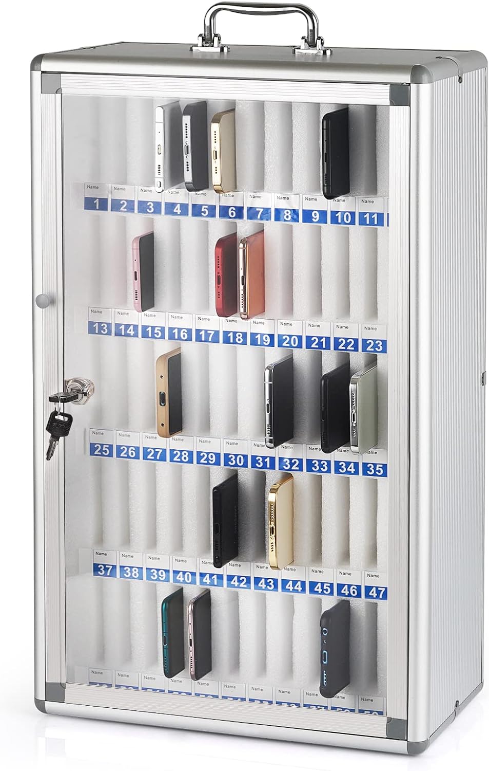 60 Slots Aluminum Alloy Pocket Chart Storage Cabinet for Cell Phones,Wall-Mounted with a Locked,Can be Carried by Hand (60 Slots)