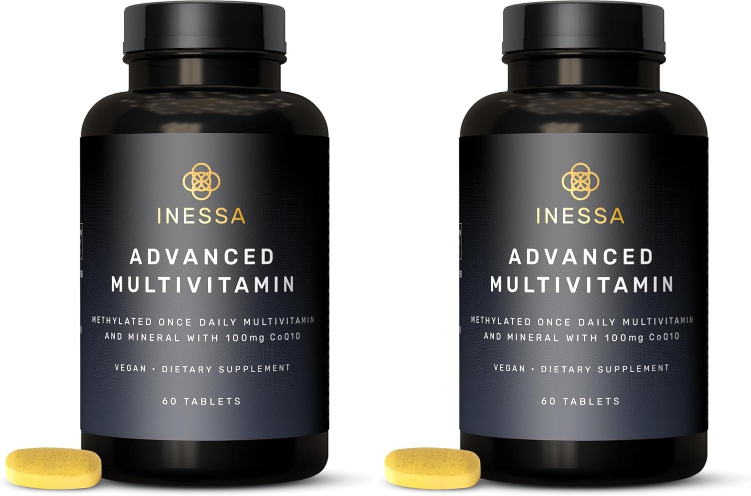Inessa Multivitamin with CoQ10 100mg, Vitamin D3 2000 IU, K2 100mcg, B Complex, Vitamins A 800mcg, Folic Acid as 5-MTHF 400mcg, Zinc 20mg and Lutein (Pack of 2)
