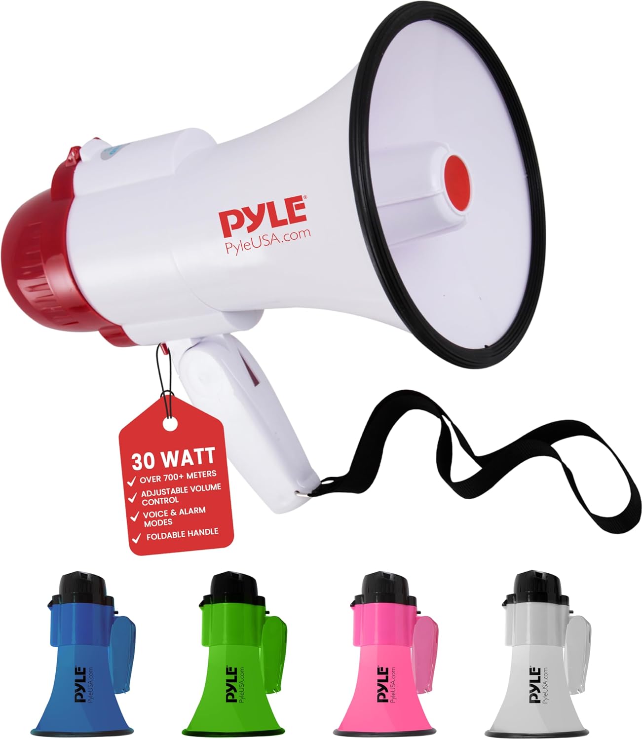 Pyle 30W Megaphone Speaker with Microphone, Loud Bullhorn Megaphones with Siren & Adjustable Volume