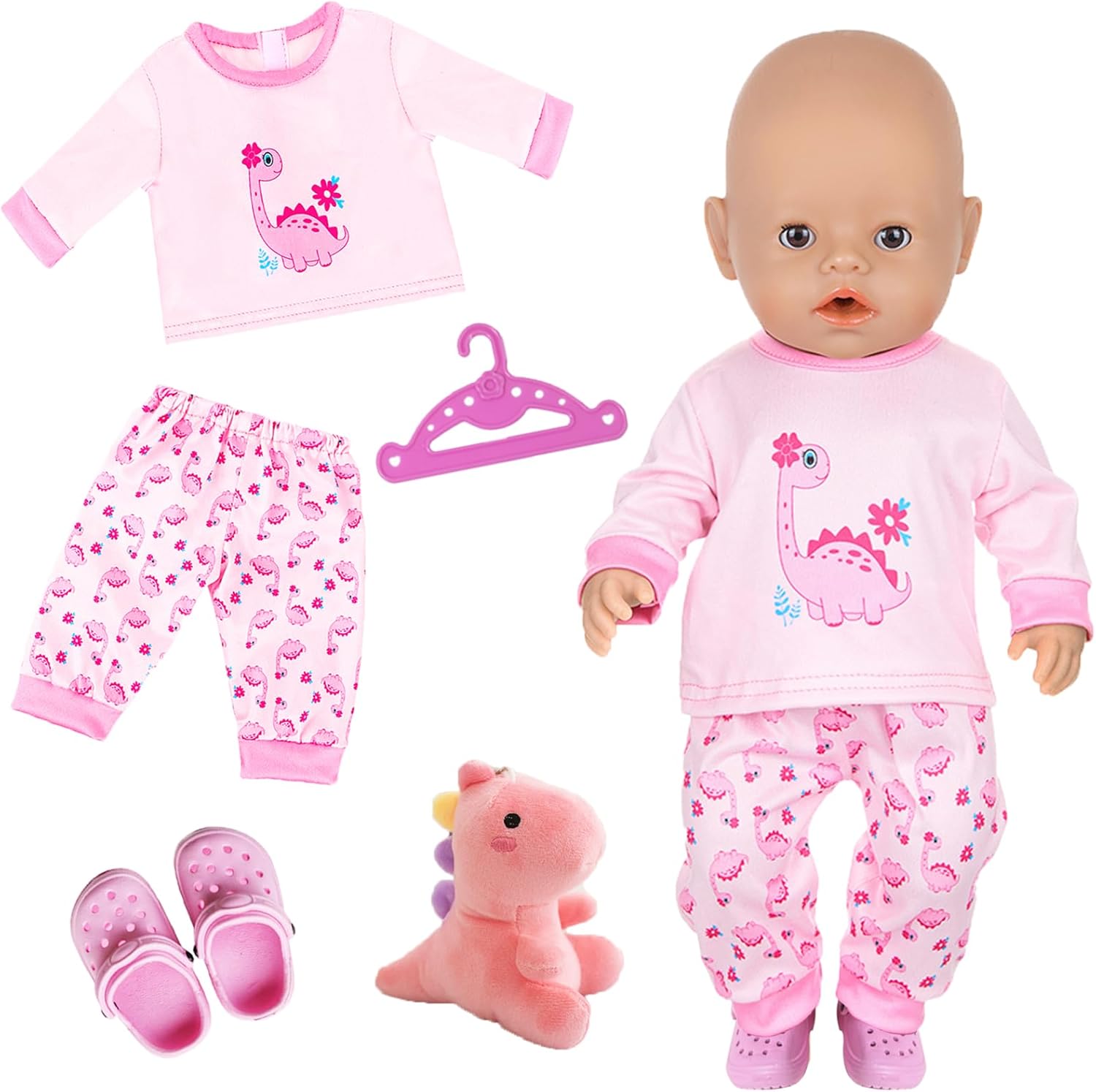 Baby Doll Clothes for 14-18 Inch Doll, Baby Doll Accessories for 35-45cm Dolls, Sweet Dolls Clothes with Dinosaur Doll, Dinosaur Top and Pants, Slippers & Hanger, Pink Doll Clothes for Kids Birthday