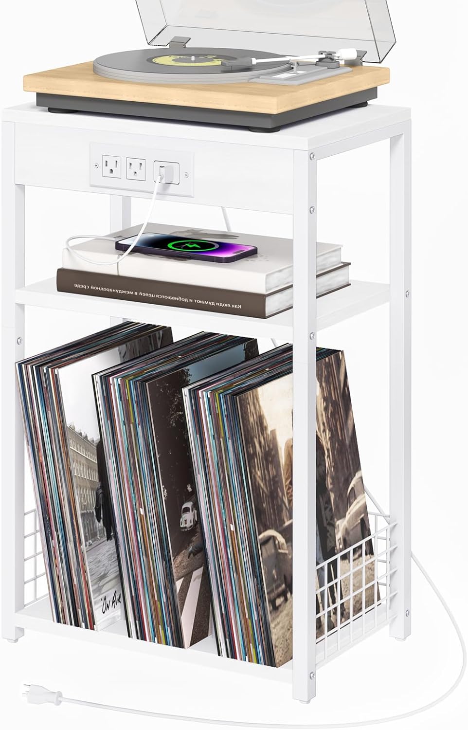 LELELINKY 3 Tier End Table with Charging Station, White Record Player Stand with Storage Up to 100 Albums Brown, Night Stand with USB Port, Nightstand for Small Spaces