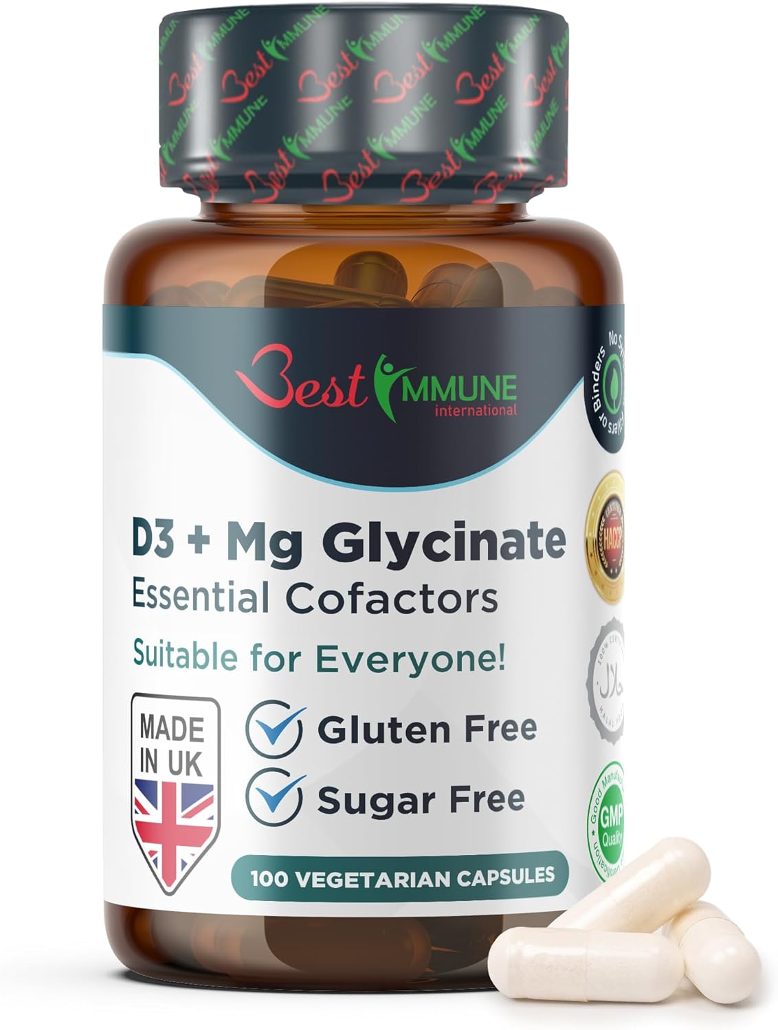 Best Immune, Magnesium Glycinate 400mg D3 1000IU Essential Cofactors Complex Premium Quality 100 Vegetarian Capsules Highest Bioavailability